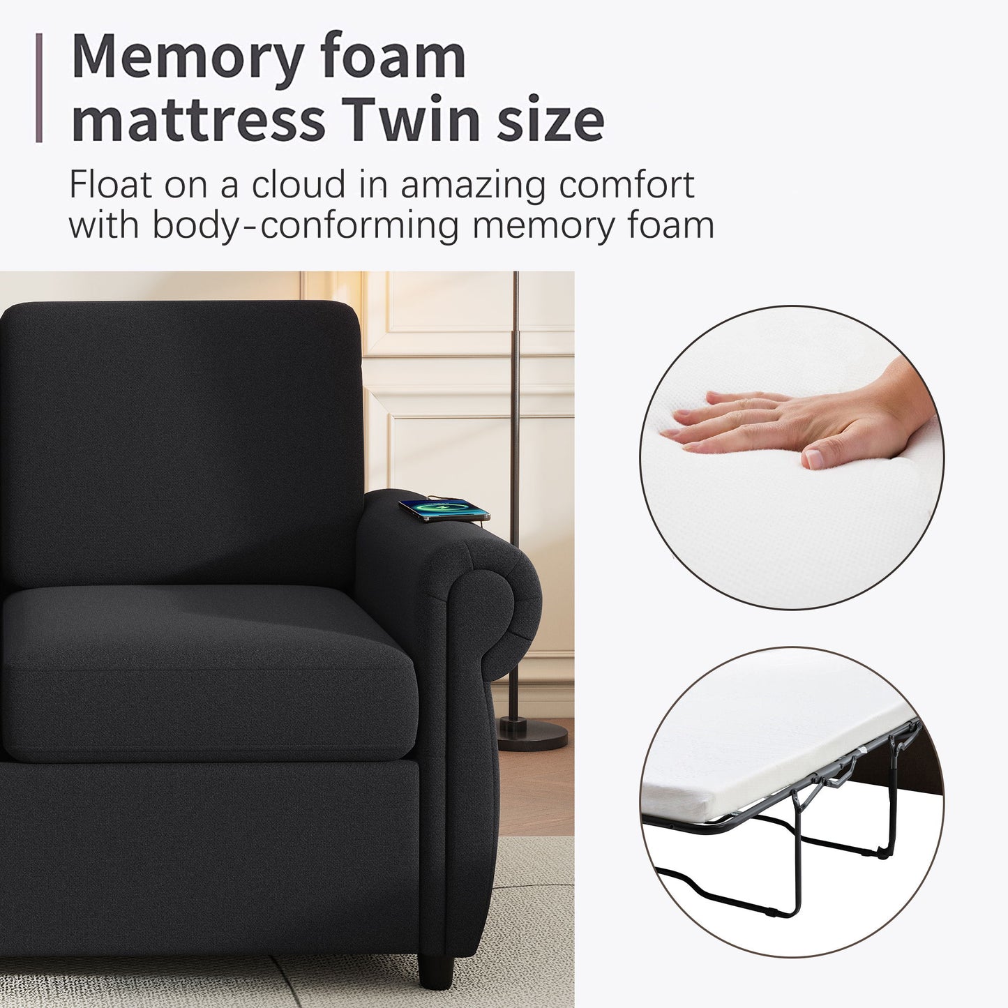 Pull Out Sofa Bed Loveseat Sleeper With Twin Size Memory Mattress With Two USB Ports For Living Room Spaces - Black