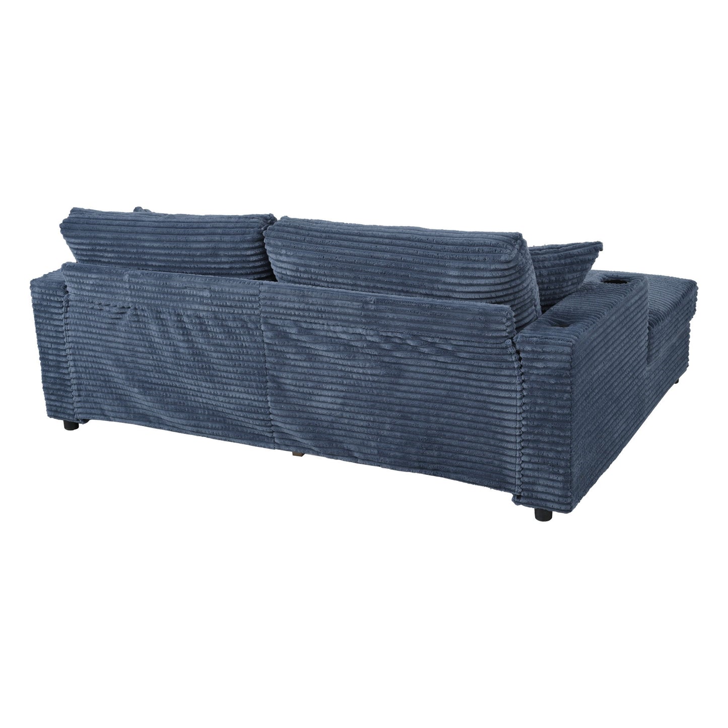 Oversized Loveseat Chaise Lounge Sectional Sofa Bed Corduroy Sleeper Sofa With 2 USB Ports, 2 Cup Holders And 2 Throw Pillows For Living Room And Bedroom - Blue