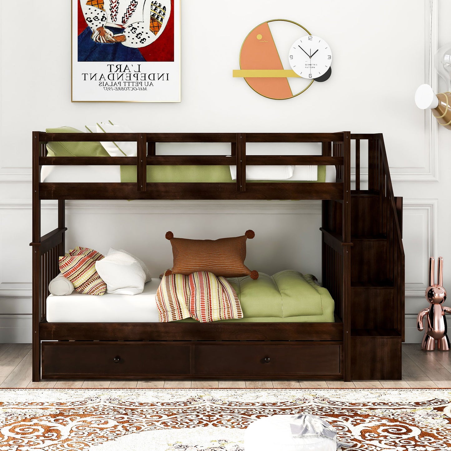Twin Over Twin Stairway Bunk Bed With Twin Size Trundle For Bedroom - Espresso