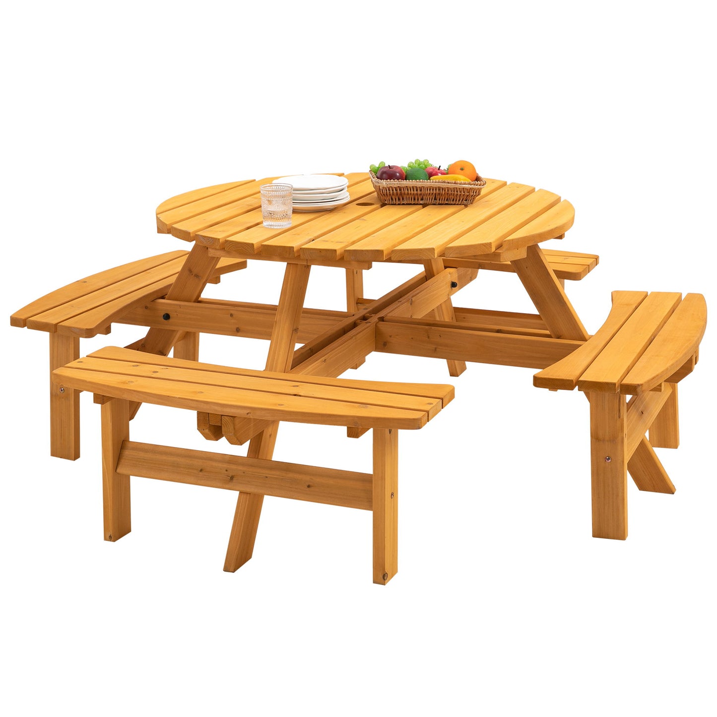 8 Person Wooden Picnic Table, Outdoor Camping Dining Table With Seat, Garden, Diy With 4 Built-In Benches, 2220Lb Capacity - Natural