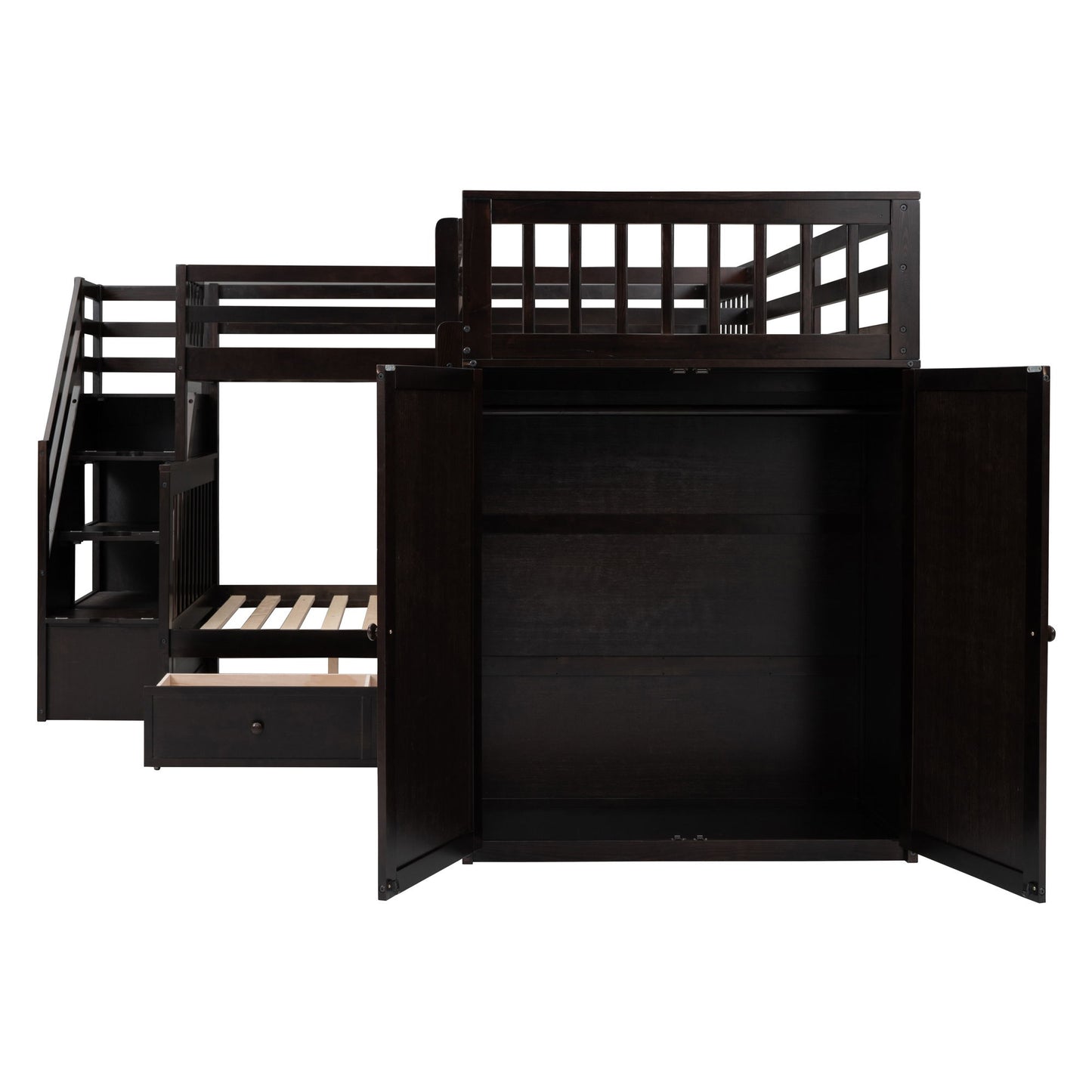 Twin Twin Over Full L Shaped Bunk Bed With 3 Drawers, Portable Desk And Wardrobe - Espresso