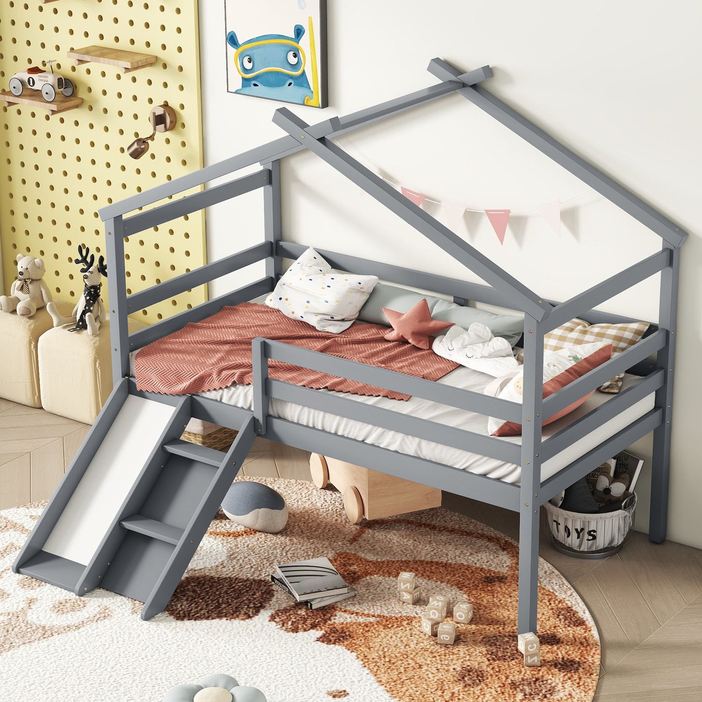 Twin Low Loft House Bed With Slide, Ladder, Safety Guardrails, House Roof Frame - Gray