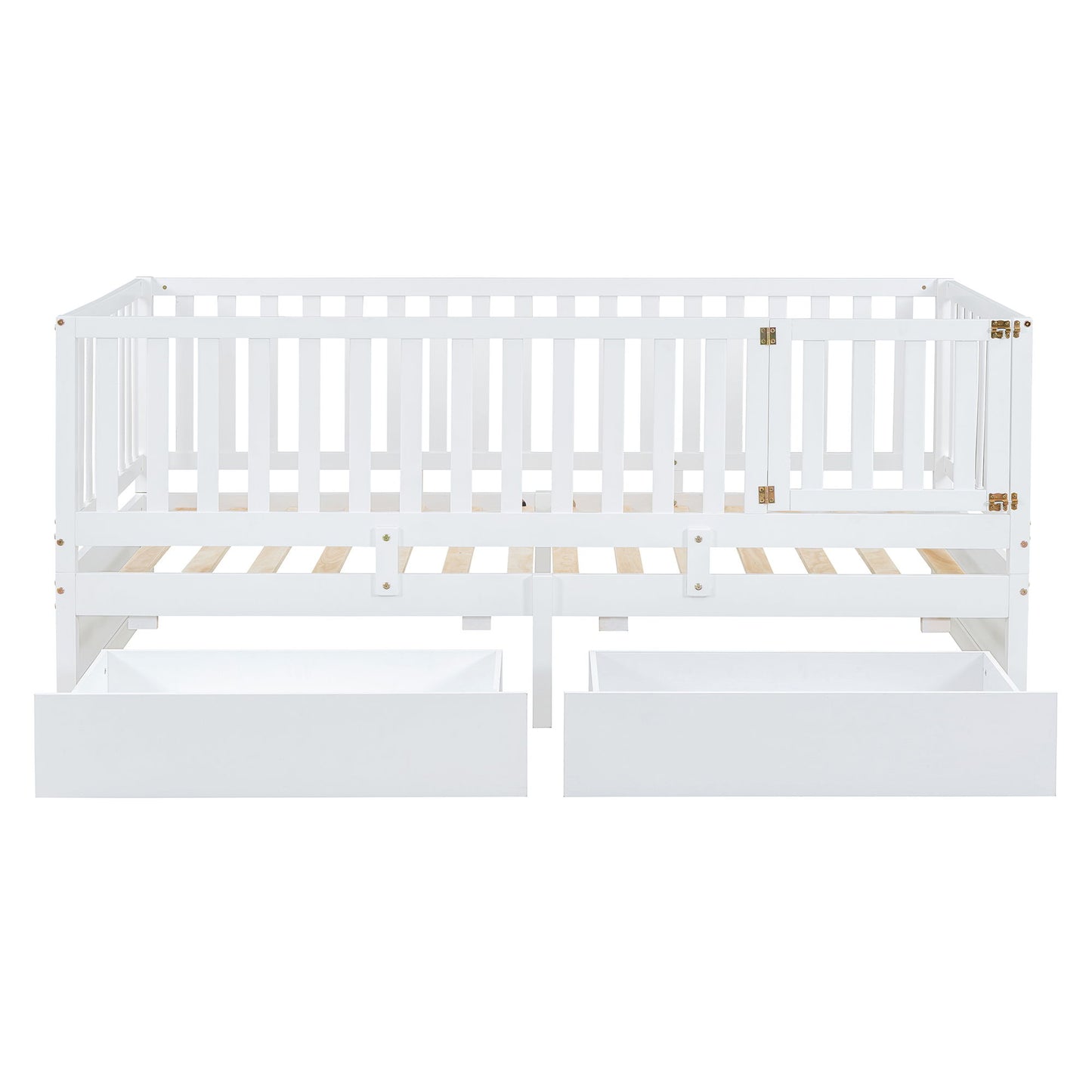 Twin Size Daybed With Fence Guardrails And 2 Drawers, Split Into Independent Floor Bed & Daybed - White