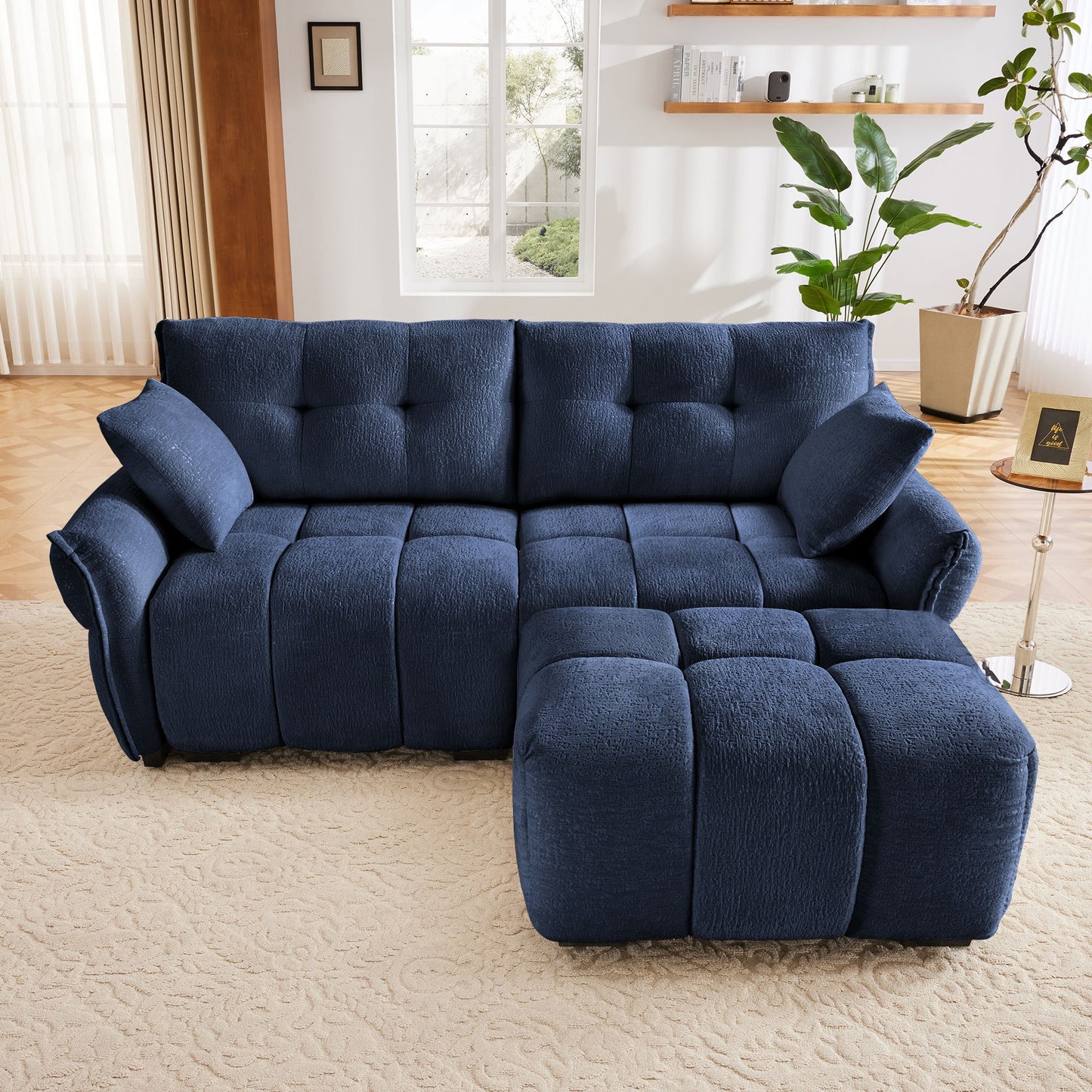 Modern Fabric 2 Seater Sofa With Ottoman Minimalist Design - Blue