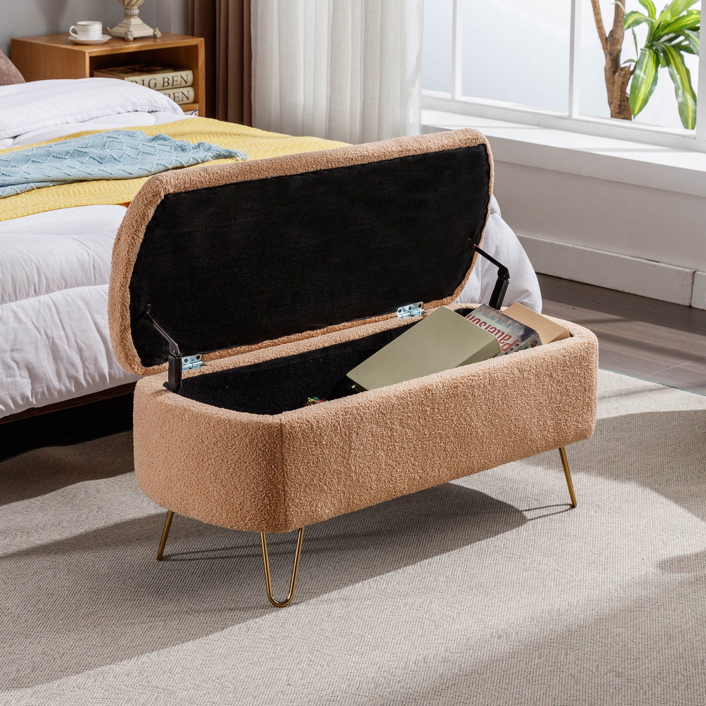Storage Ottoman Bench For End Of Bed Gold Legs, Modern Camel Faux Fur Entryway Bench Upholstered Padded With Storage For Living Room Bedroom - Camel