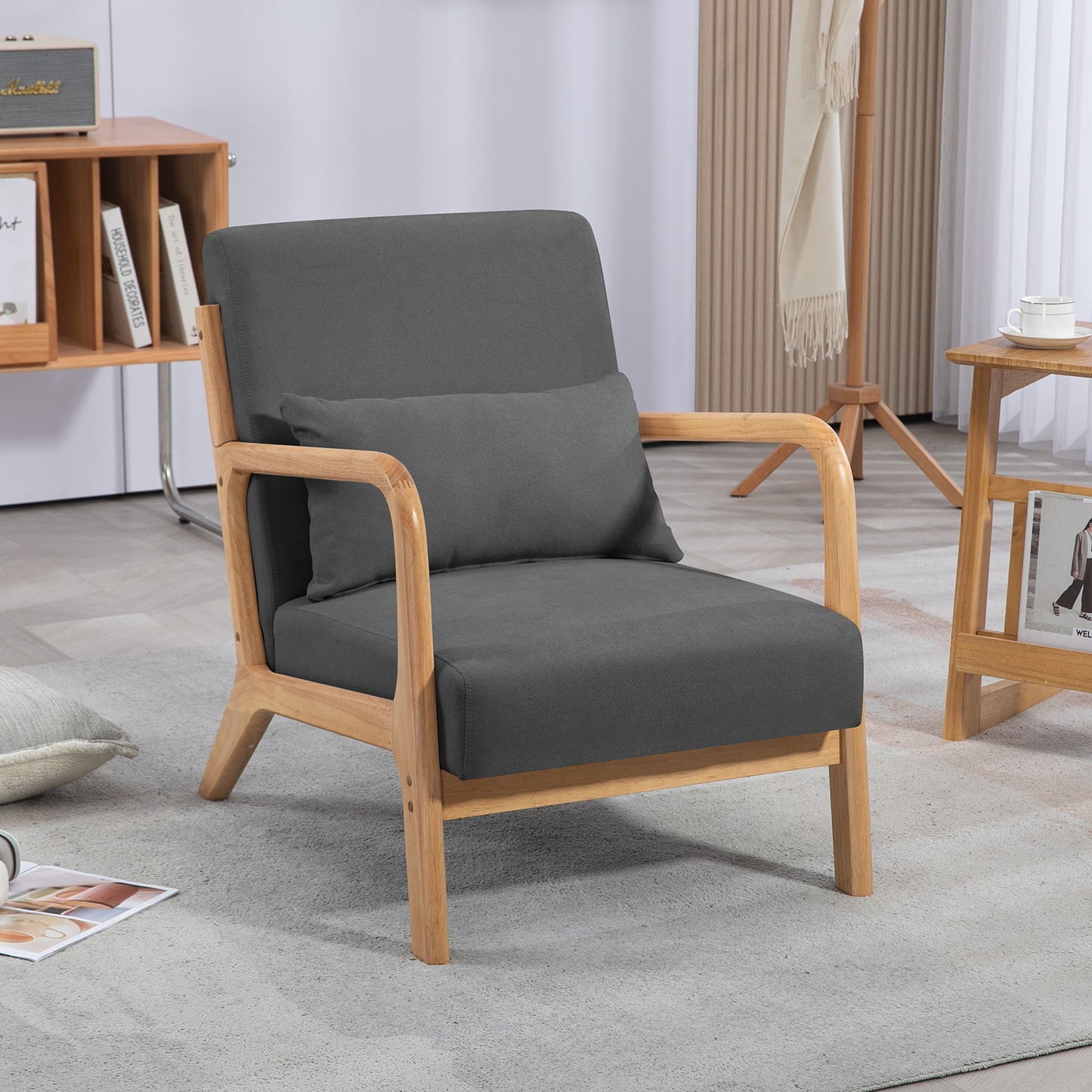 Leisure Chair With Solid Wood Armrest And Feet, Mid-Century Modern Accent Sofa, 1 Seat - Dark Gray