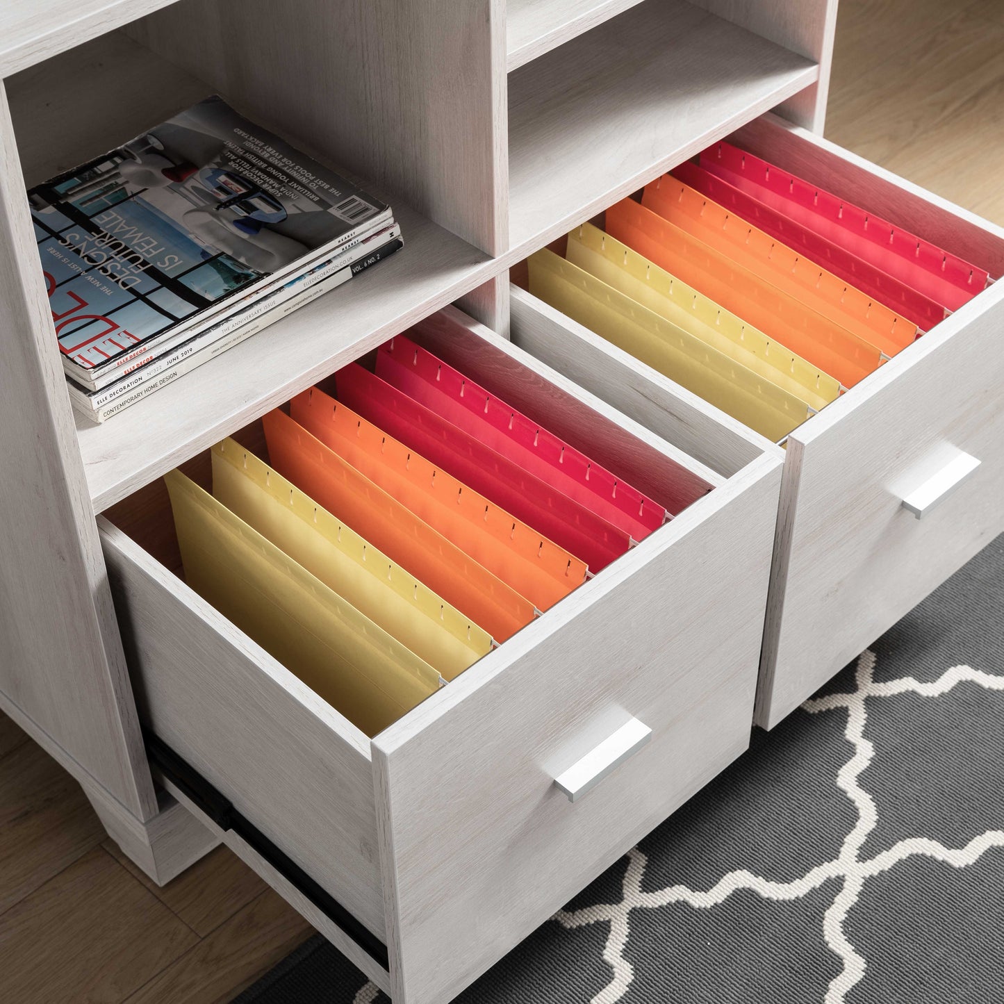 Home Office Printer Stand With Two File Cabinets And Open Shelving - White Oak