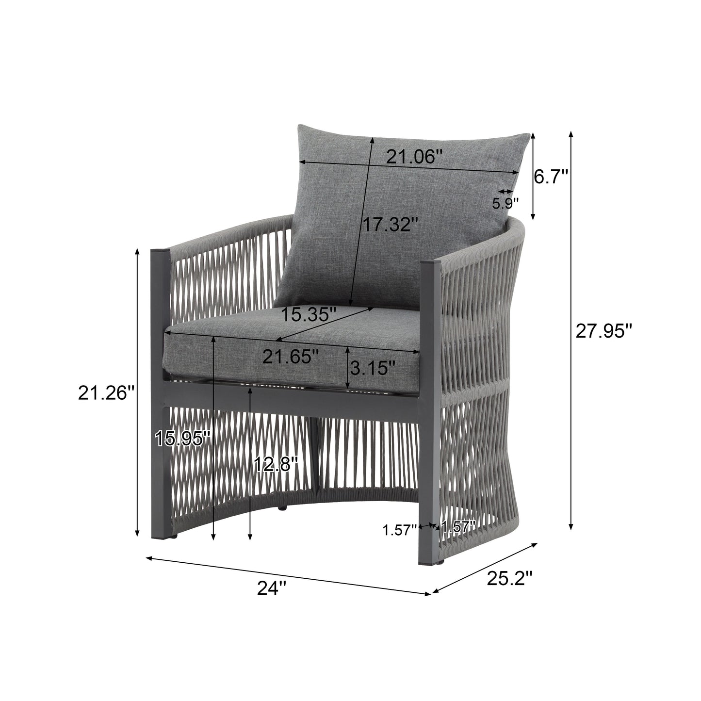 Modern Curved Aluminum Lounge Chair With Stylish Rope - Weave Design And Cushioned Comfort For Outdoor Living - Gray