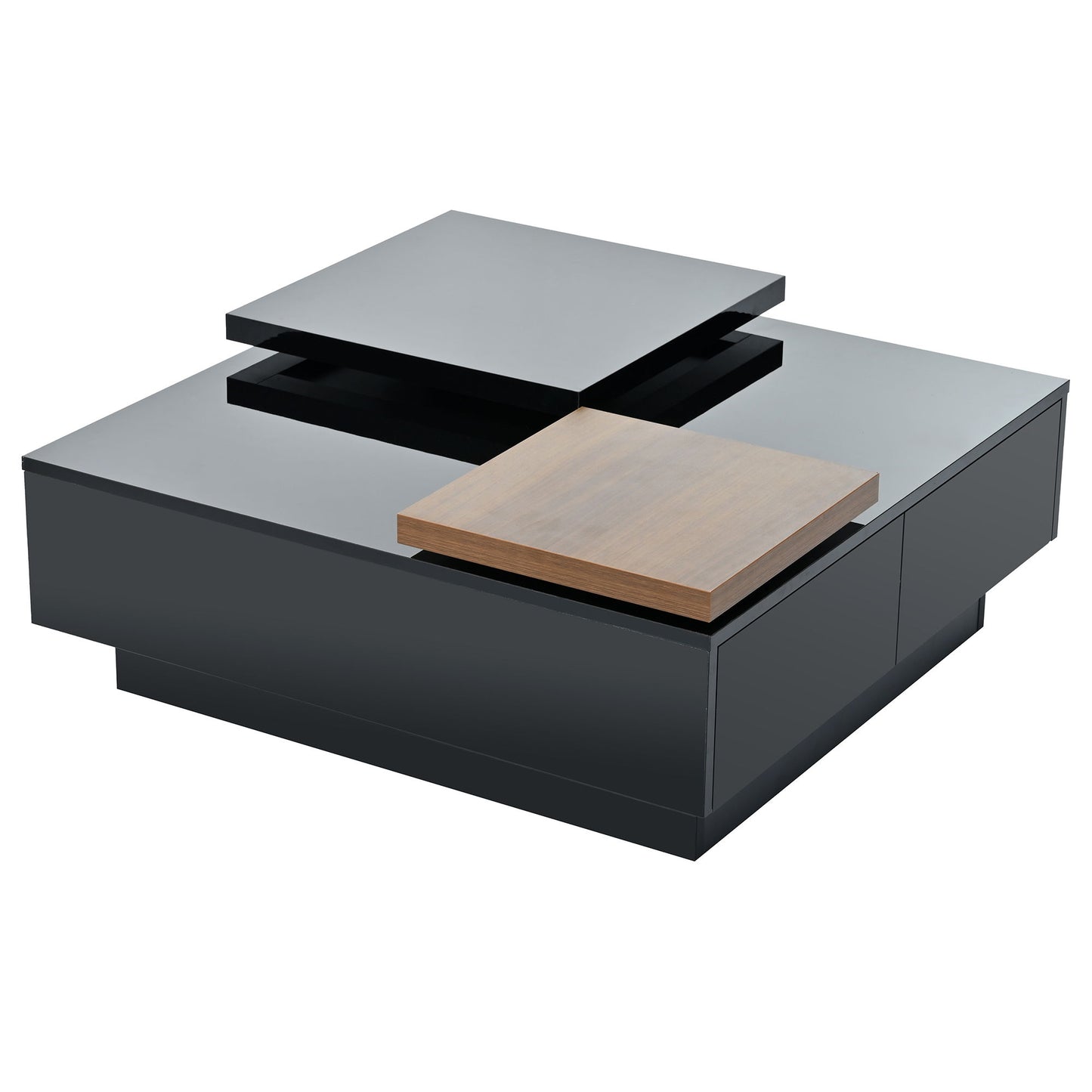 Movable Top Coffee Table, Modern Square Wood Coffee Table With High Gloss Finish, 4 Hidden Storage Drawers For Living Room - Black