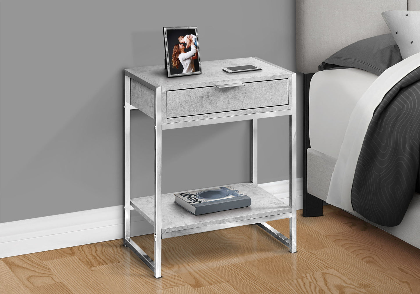 Accent Side Table, Storage Drawer, Contemporary And Modern - Gray