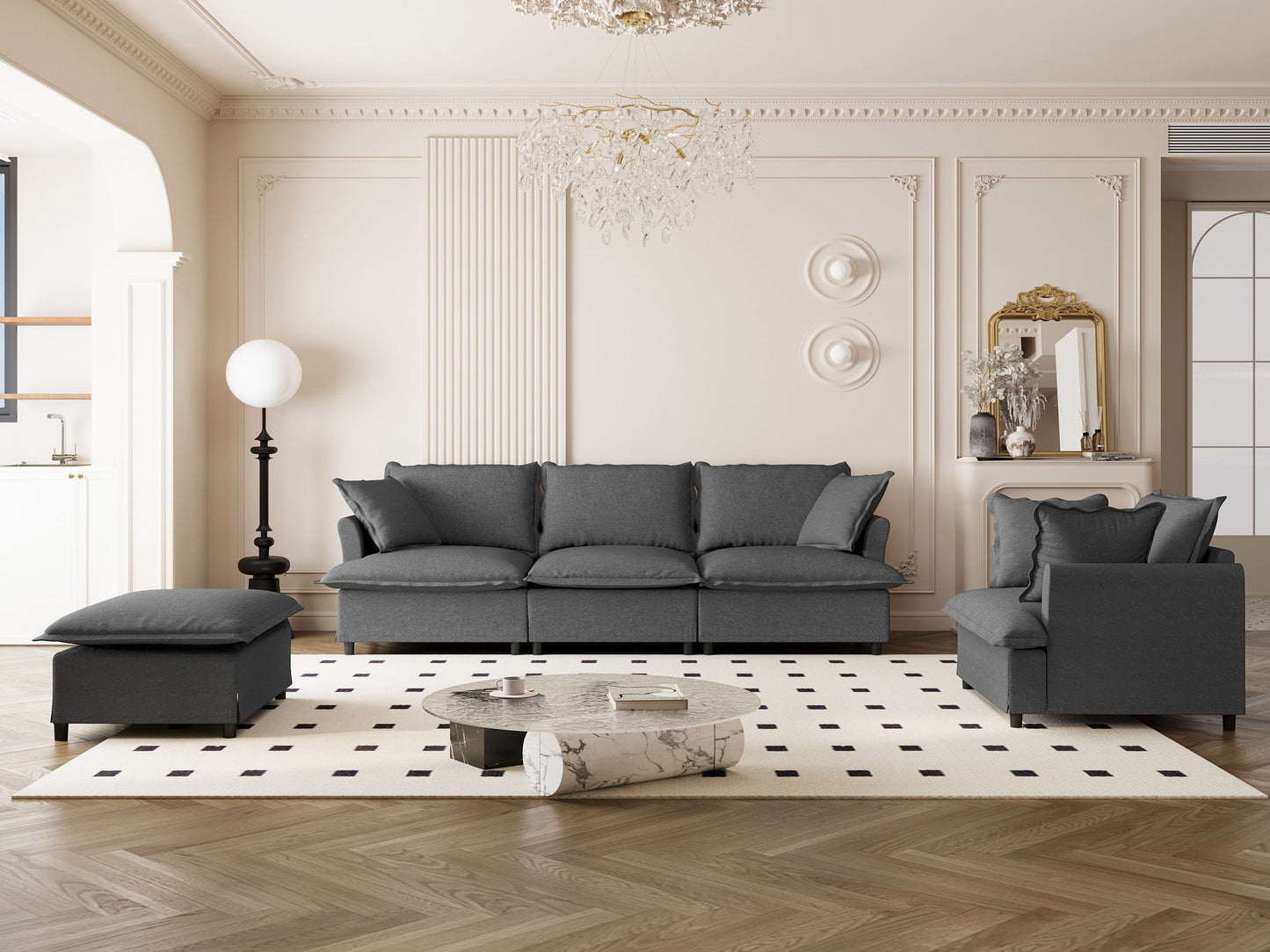 3 Piece Living Room Set Modular L Shaped Sectional Couch Upholstered, 3 Seater Sofa & Armchair & Movable Ottoman 5 Seat - Gray