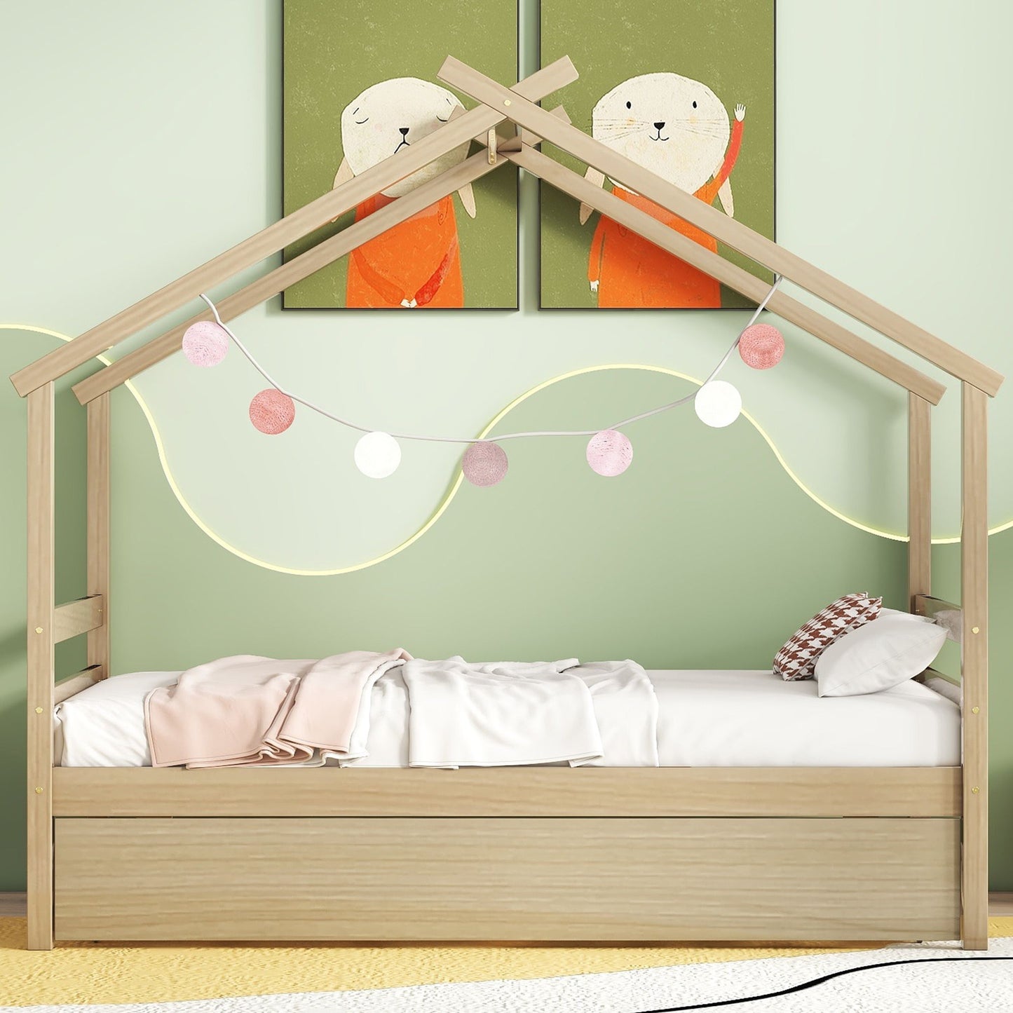 Twin Size House-Shaped Bed With Trundle - Natural