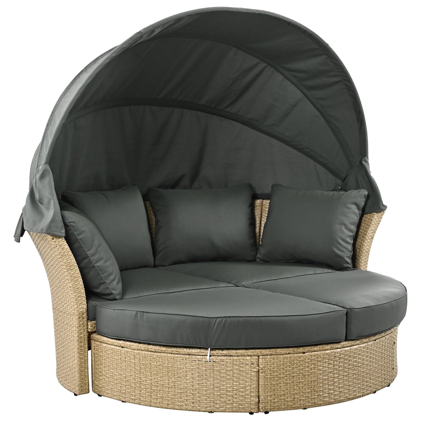 Outdoor Patio Daybed Wicker Rattan Double Daybed Round Sofa Furniture Set With Retractable Canopy, 4 Pillows For Lawn Garden Backyard Porch Pool - Gray