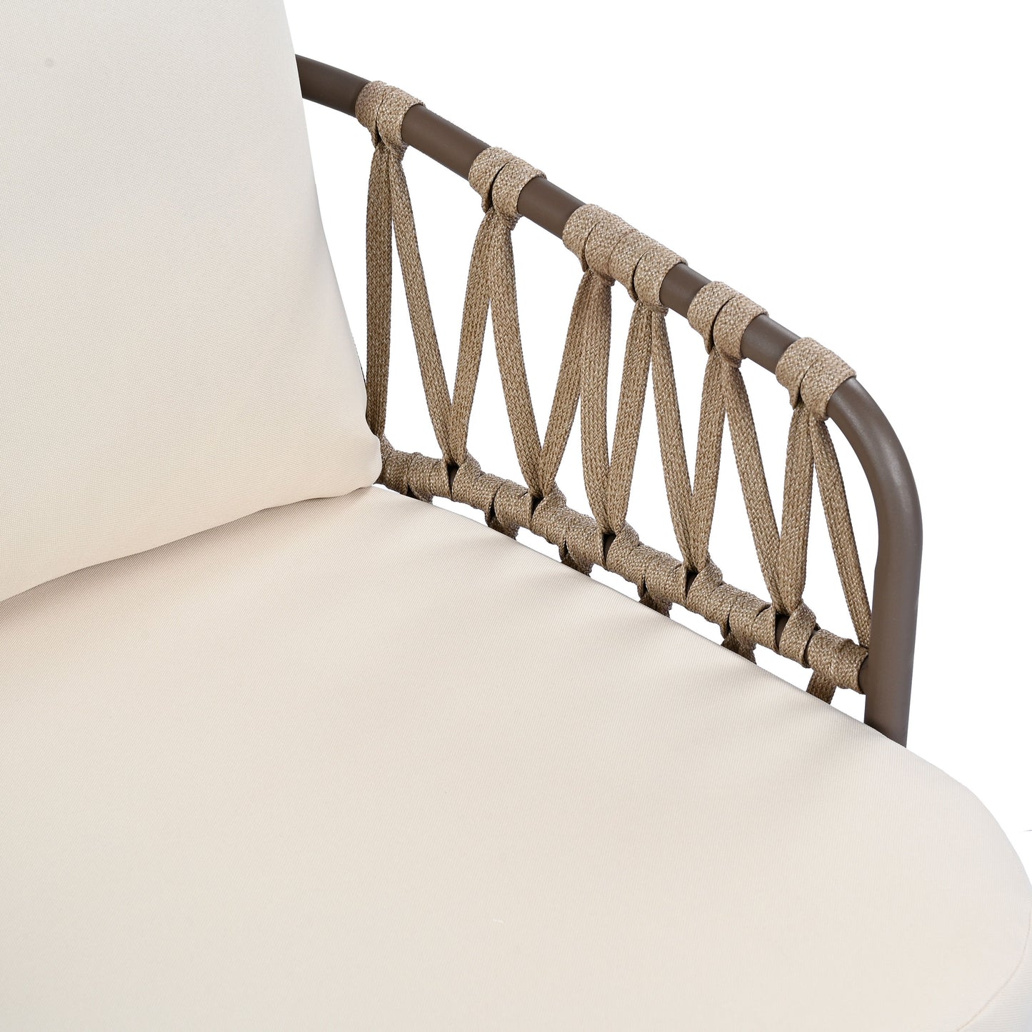 4 Piece Outdoor Patio Furniture Set, Metal Chairs With Woven Rope U Shaped Backrest, Outdoor Conversation Set With Thick Cushions And Coffee Table For Garden, Poolside, Balcony - Brown / Beige