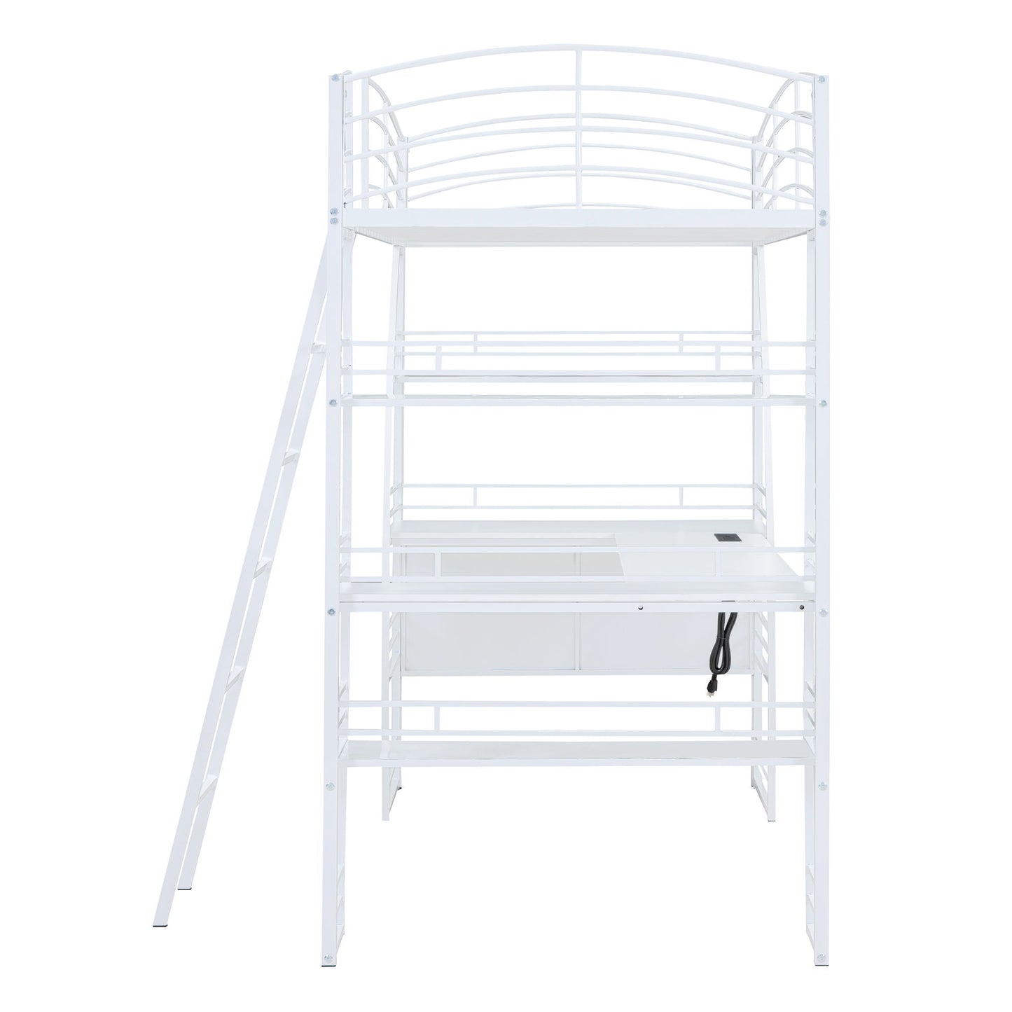 Twin Size Loft Bed With 4 Layers Of Shelves And L-Shaped Desk, Stylish Frame With A Set Of Sockets, USB Ports And And Wireless Charging - White