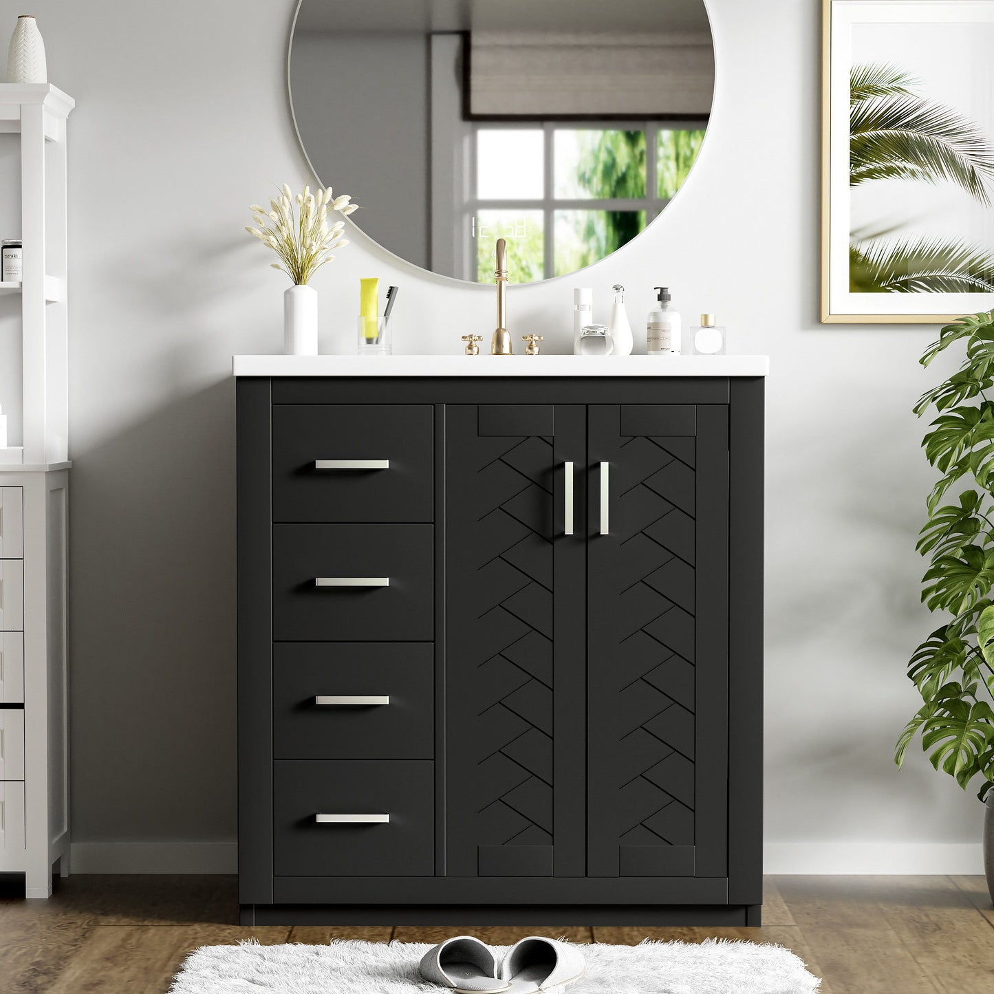 Bathroom Vanity With Ceramic Sink Combo, Frame Bathroom Storage Cabinet, Freestanding Vanity Set With 3 Drawers & Soft Closing Doors - Black