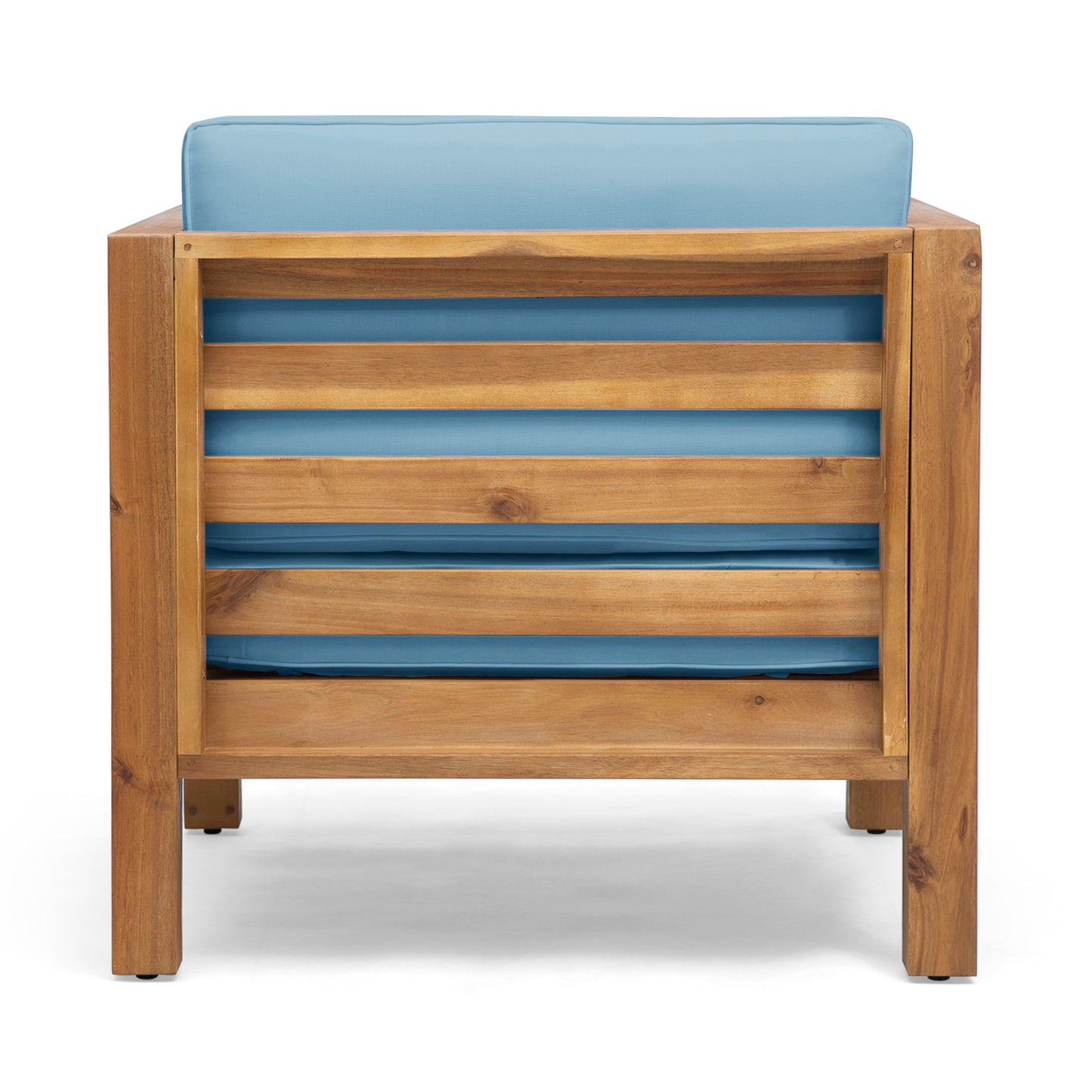 Outdoor Club Chair, Acacia Wood Patio Chair With Fabric Cushion For Backyard, Poolside, Garden Or Porch - Pecan / Blue