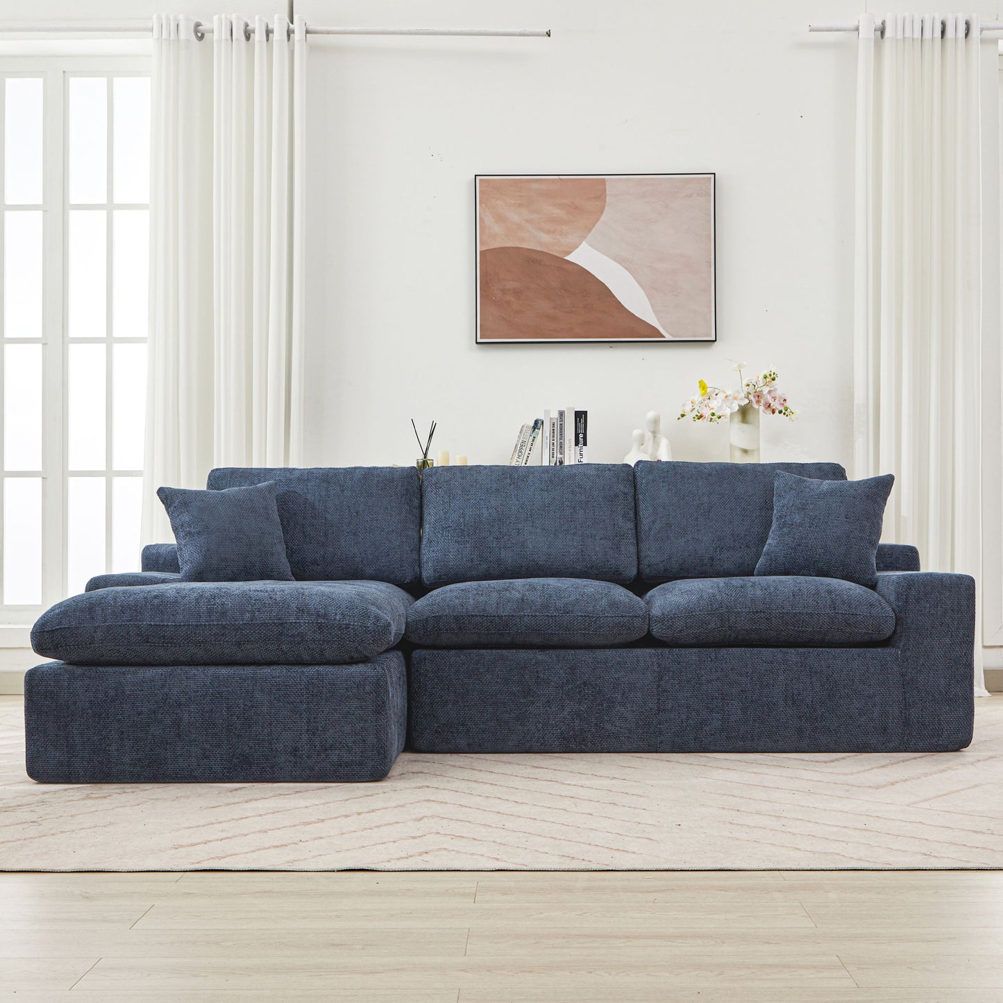Cloud Sectional Sofa Upholstered Sofa Couch With Double-Layer Cushion And Side Pockets - Blue