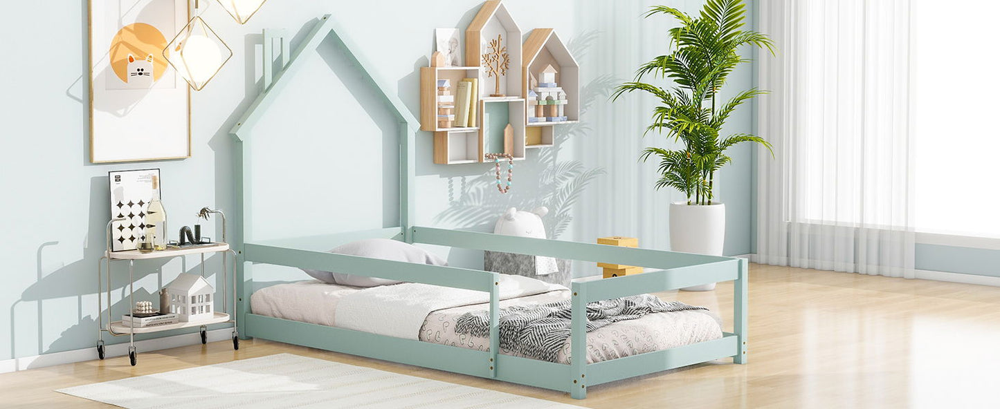 Twin Size Wood Bed With House-Shaped Headboard Floor Bed With Fences - Light Green