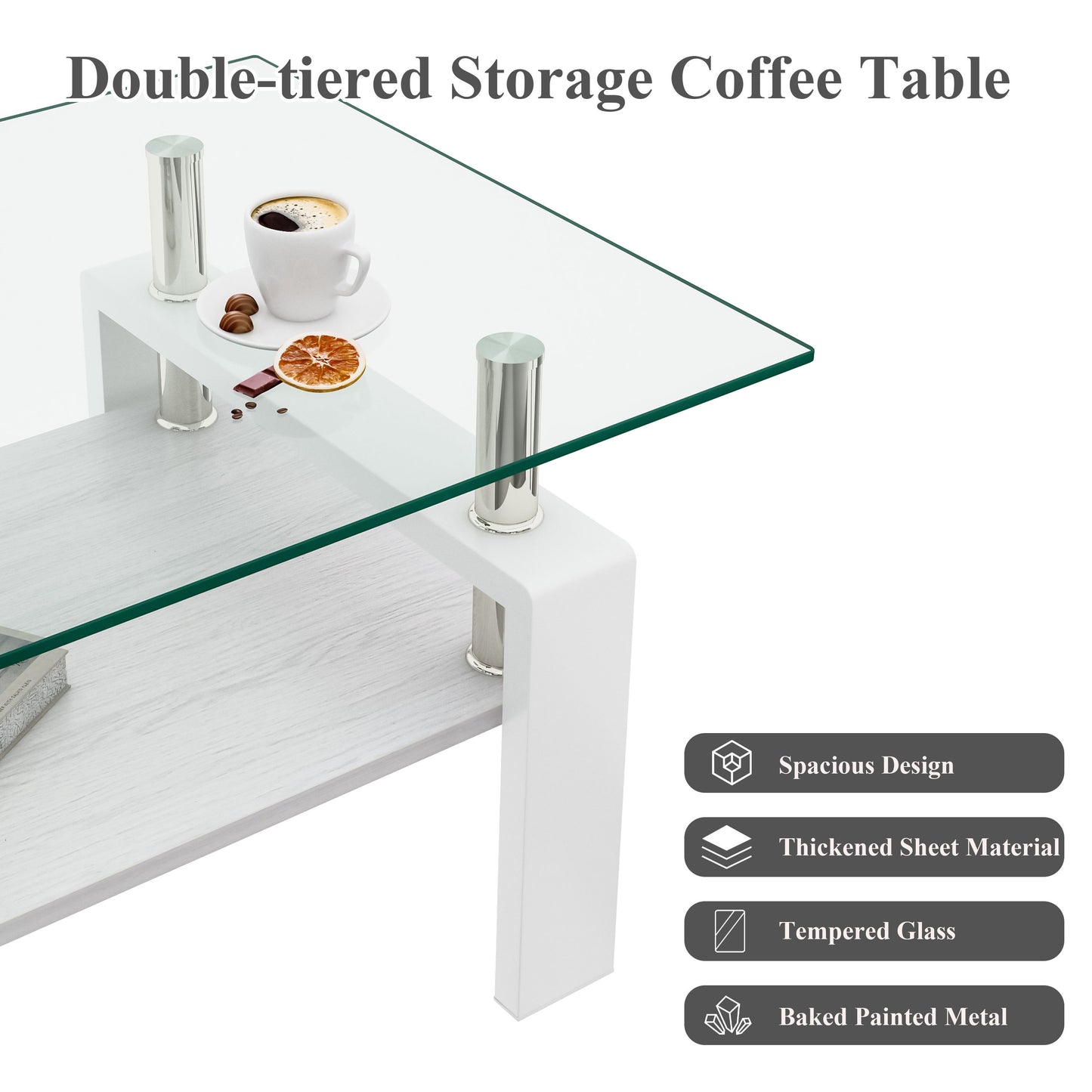 Modern Rectangular Coffee Table & Tempered Glass Top Layer, Table For Living Room - Transparent