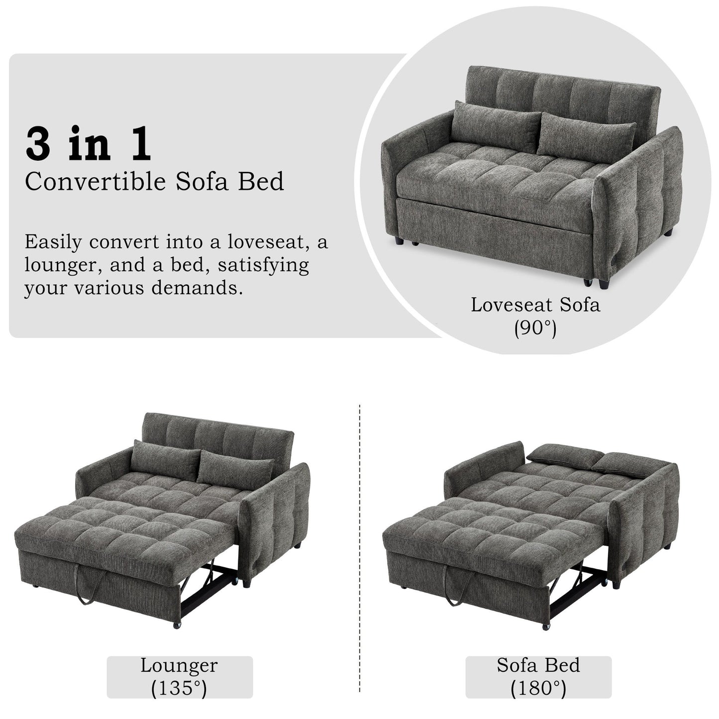 Loveseat Sofa Pull Out Sofa Bed Tufted Sleeper Sofa With An Adjustable Backrest, 3 USB Ports And 2 Lumbar Pillows For Living Room - Gray