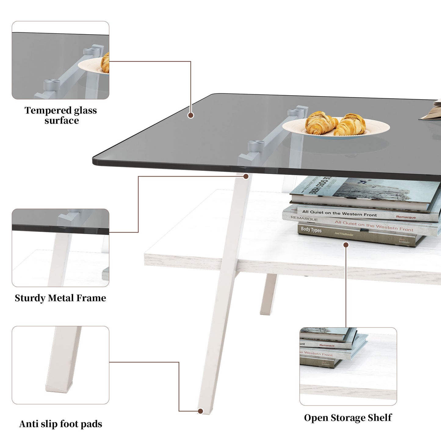Rectangle Coffee Table, Tempered Glass Tabletop With White Metal Legs, Modern Table For Living Room - Gray