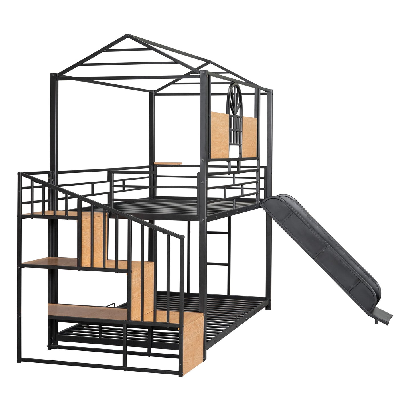 Twin Over Twin Bunk Bed, Housebed With Slide And Storage Stair - Black