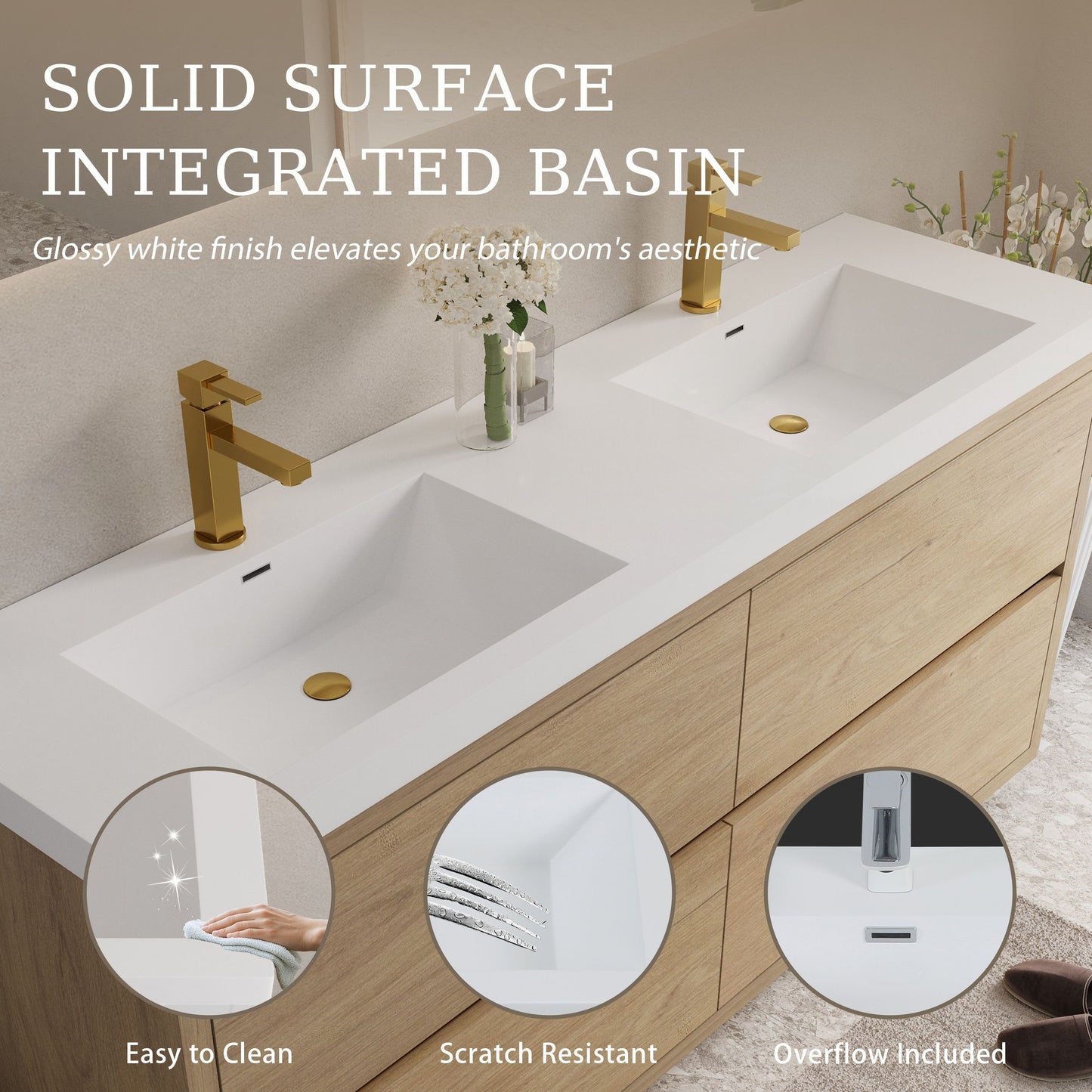 Bathin Freestanding Bathroom Vanity With Double Sinks, Bathroom Storage Vanity Cabinet With Stone Resin Countertop And Soft Close Drawers - Natural Oak