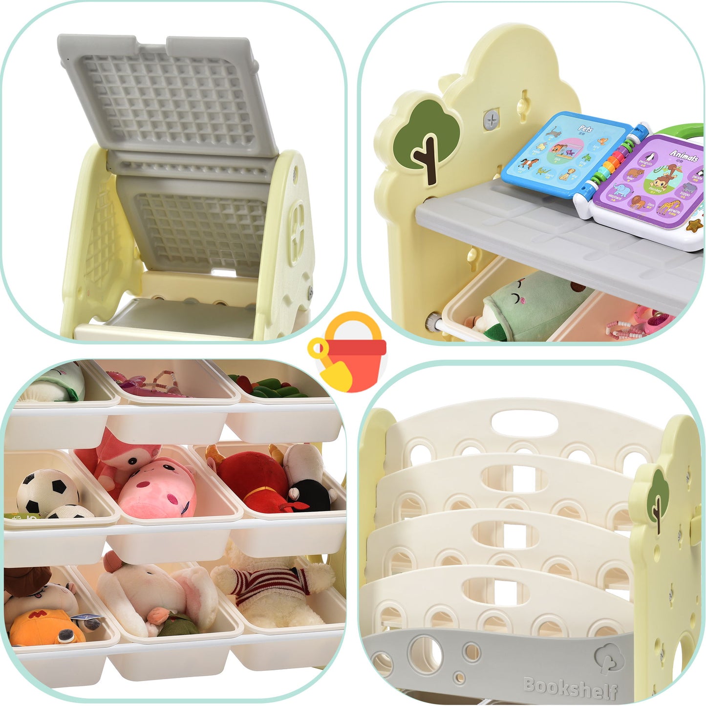 Kids Bookshelf Toy Storage Organizer With 17 Bins And 5 Bookshelves, Multi-Functional Nursery Organizer Kids Furniture Set Toy Storage Cabinet Unit With HDPE SheLF And Bins - Light Green