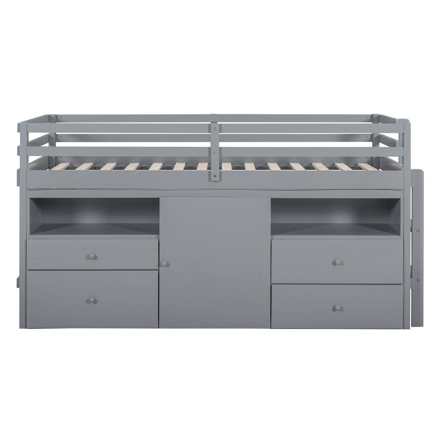 Twin Size Loft Bed With 4 Drawers, Underneath Cabinet And Shelves - Gray