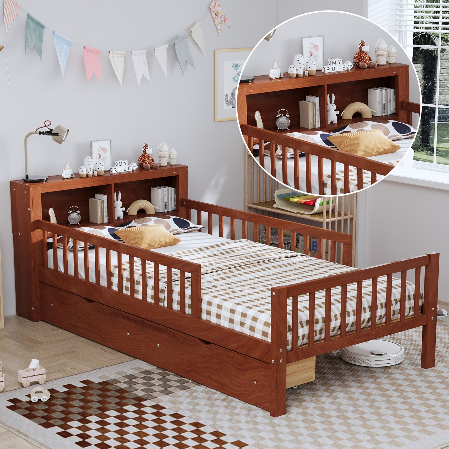 Twin Size Bed With Headboard Storage Rack, 2 Under Bed Drawers, 3 - Side Guardrails For Safety And Security - Walnut