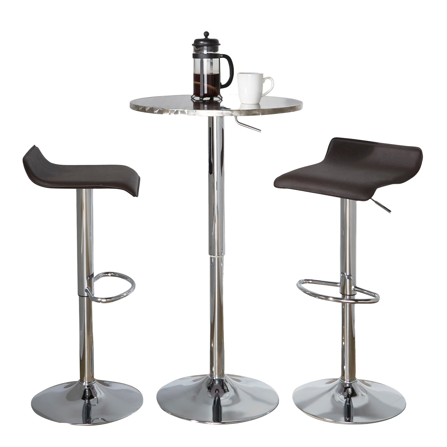 Ale - 3 Piece Bar Set Bistro Round Contemporary Adjustable Oval Footrest - Silver / Chrome / Brown