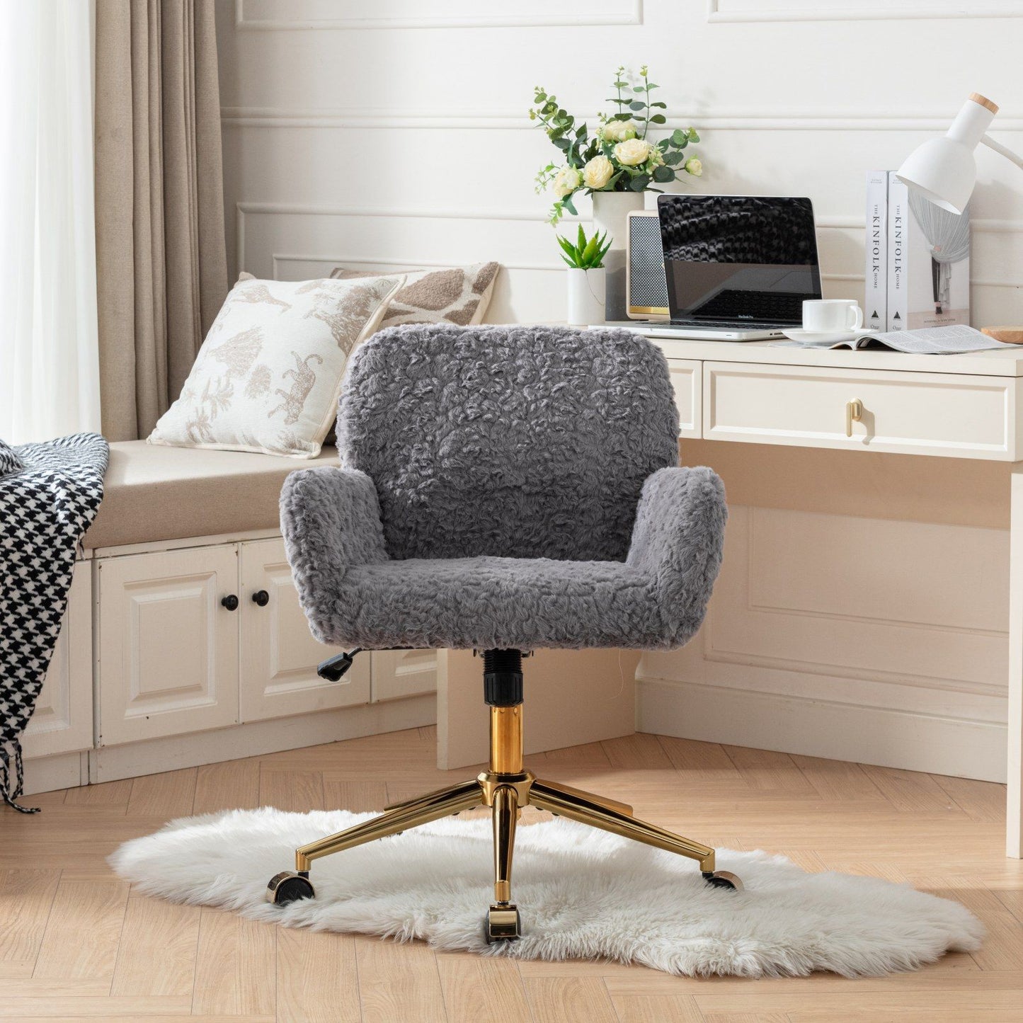 Office Chair, Artificial Rabbit Hair Home Office Chair With Golden Metal Base, Adjustable Desk Chair Swivel Office Chair, Vanity Chair - Gray