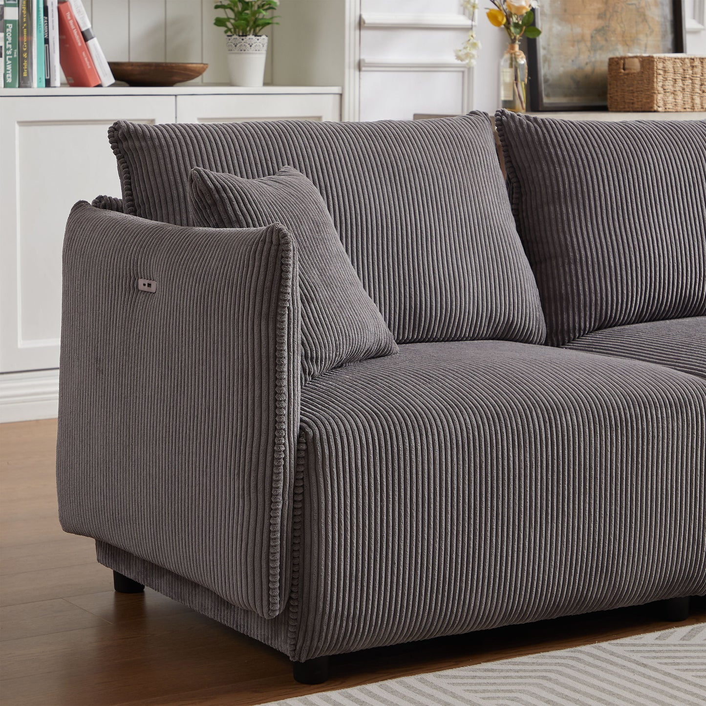 Multi Module Combination Style Sofa For Living Room And Other Lounge Spaces, Modern Minimalist Corduroy Combination Sofa With 2 Comfort Cushions With USB & C Charging Ports - Gray