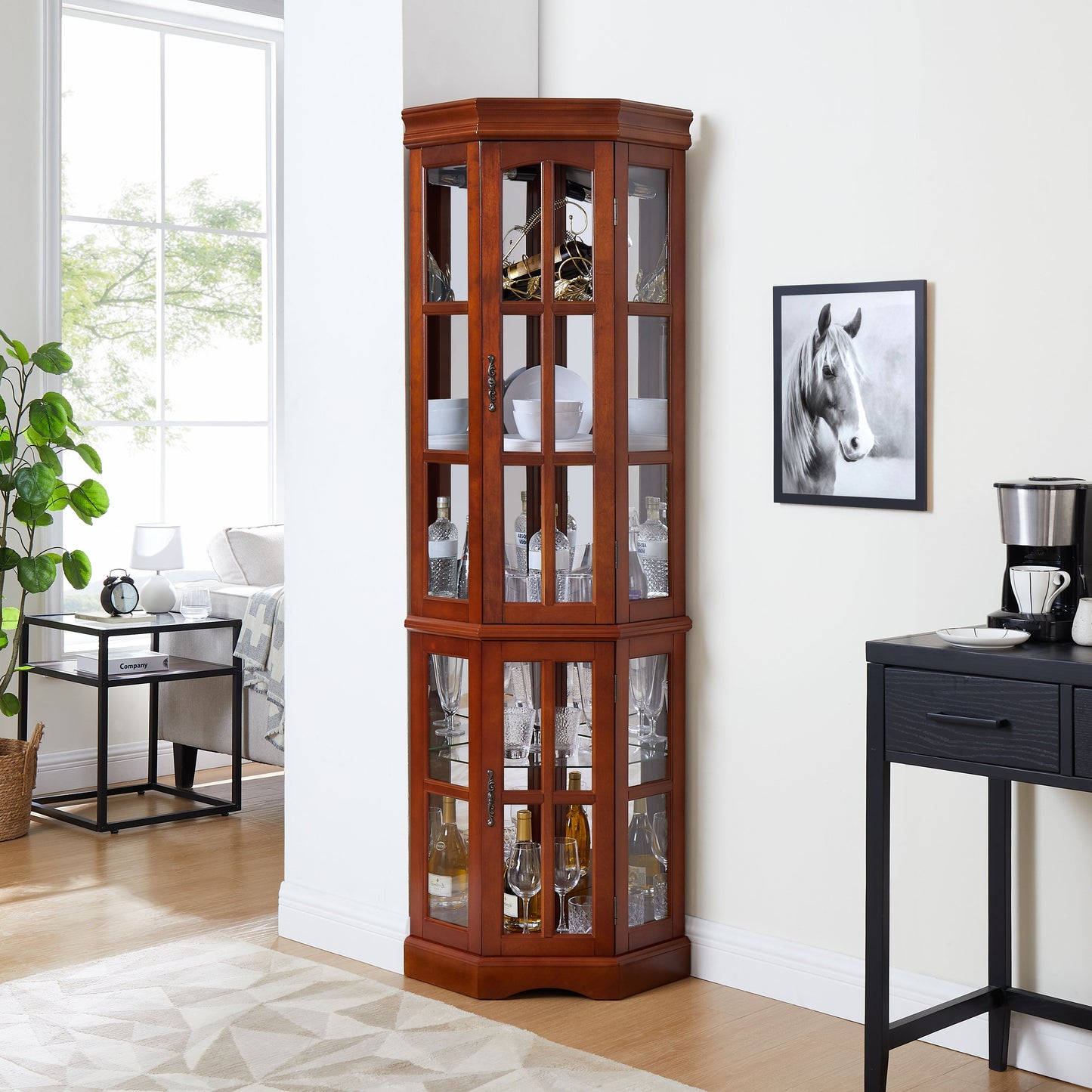 Corner Curio Cabinet With 5 Shelves And Lighting System (E26 Light Bulb Not Included) - Walnut