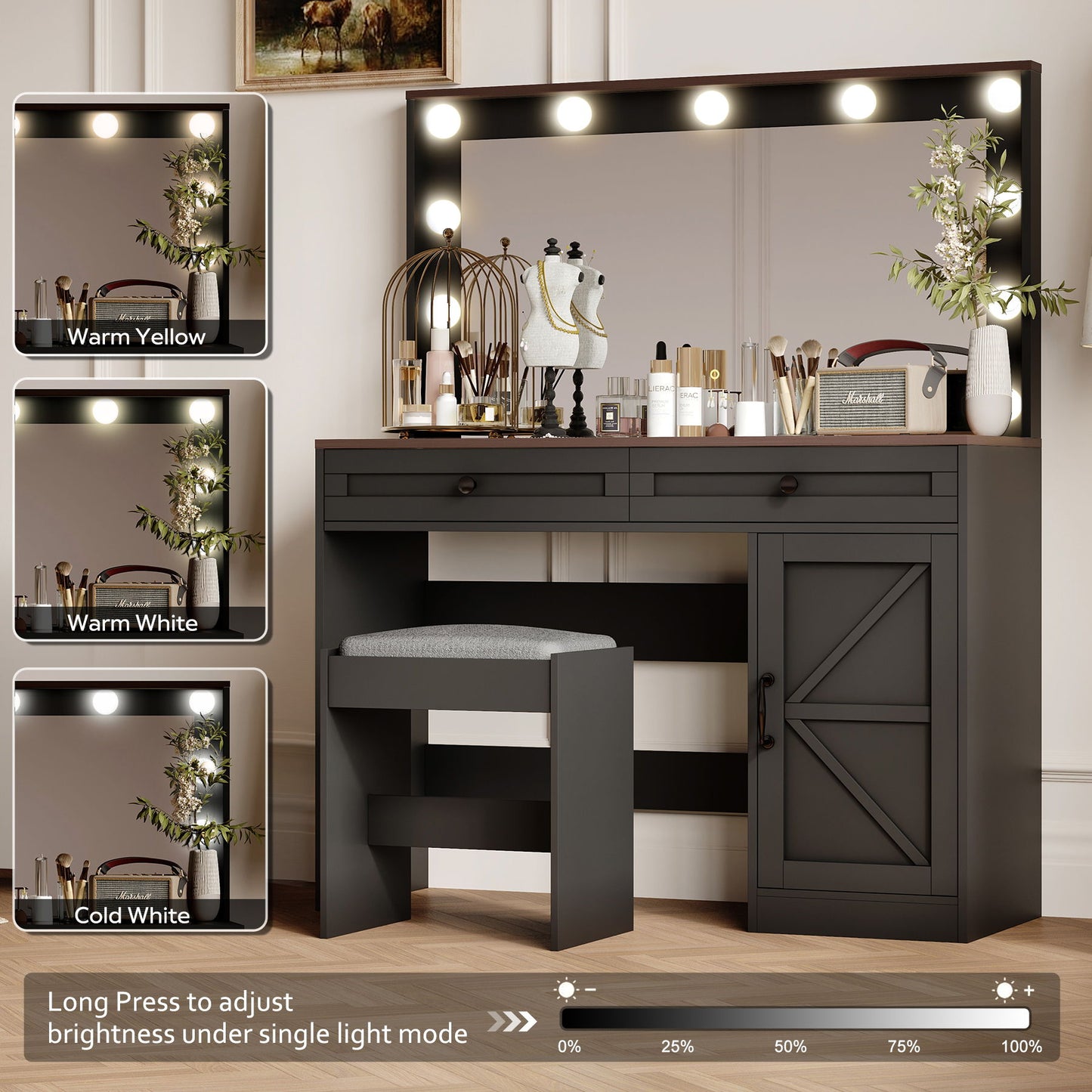Makeup Vanity Table, Makeup Table With Large Mirror And 11 LED Light, Brightness Adjustable, Dressing Table Desk With 3 Drawers, Vanity Desk For Women (With Stool) - Black
