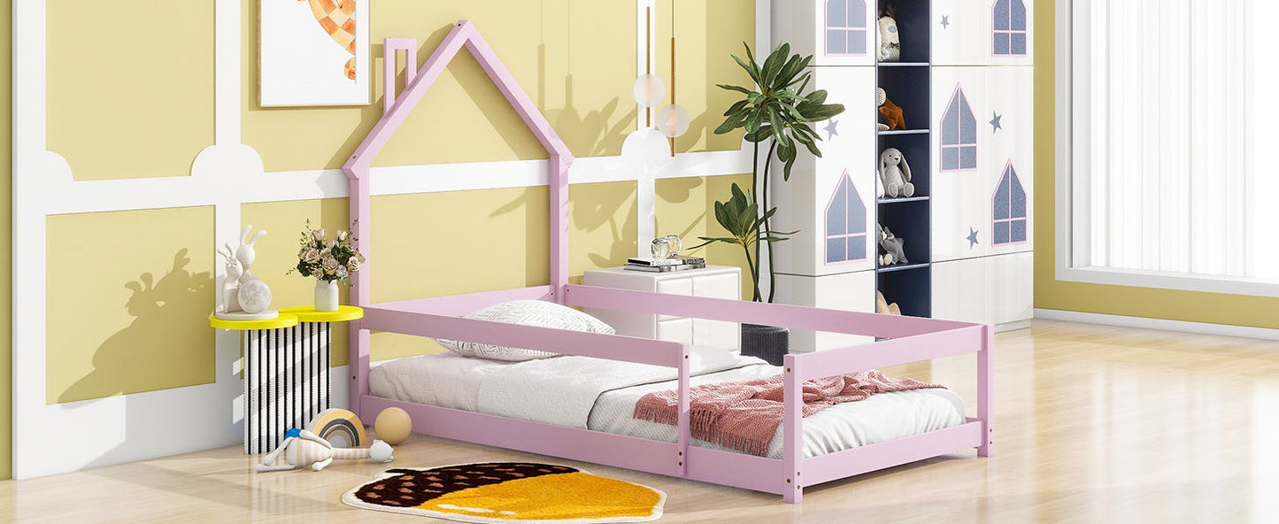 Twin Size Wood Bed With House-Shaped Headboard Floor Bed With Fences - Pink
