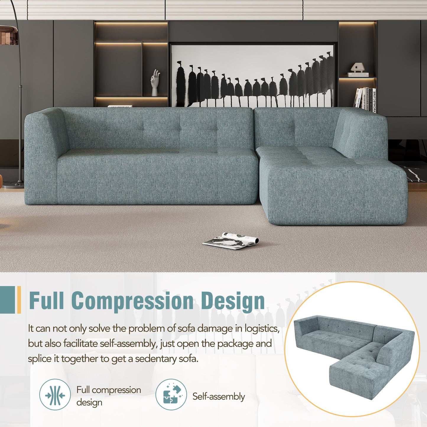 Modular Combination Living Room Sofa Set, Modern Minimalist Sofa, Living Room Upholstered Sofa Bed, Bedroom, 2 Pieces Computer Free Combination, L - Shaped - Light Gray