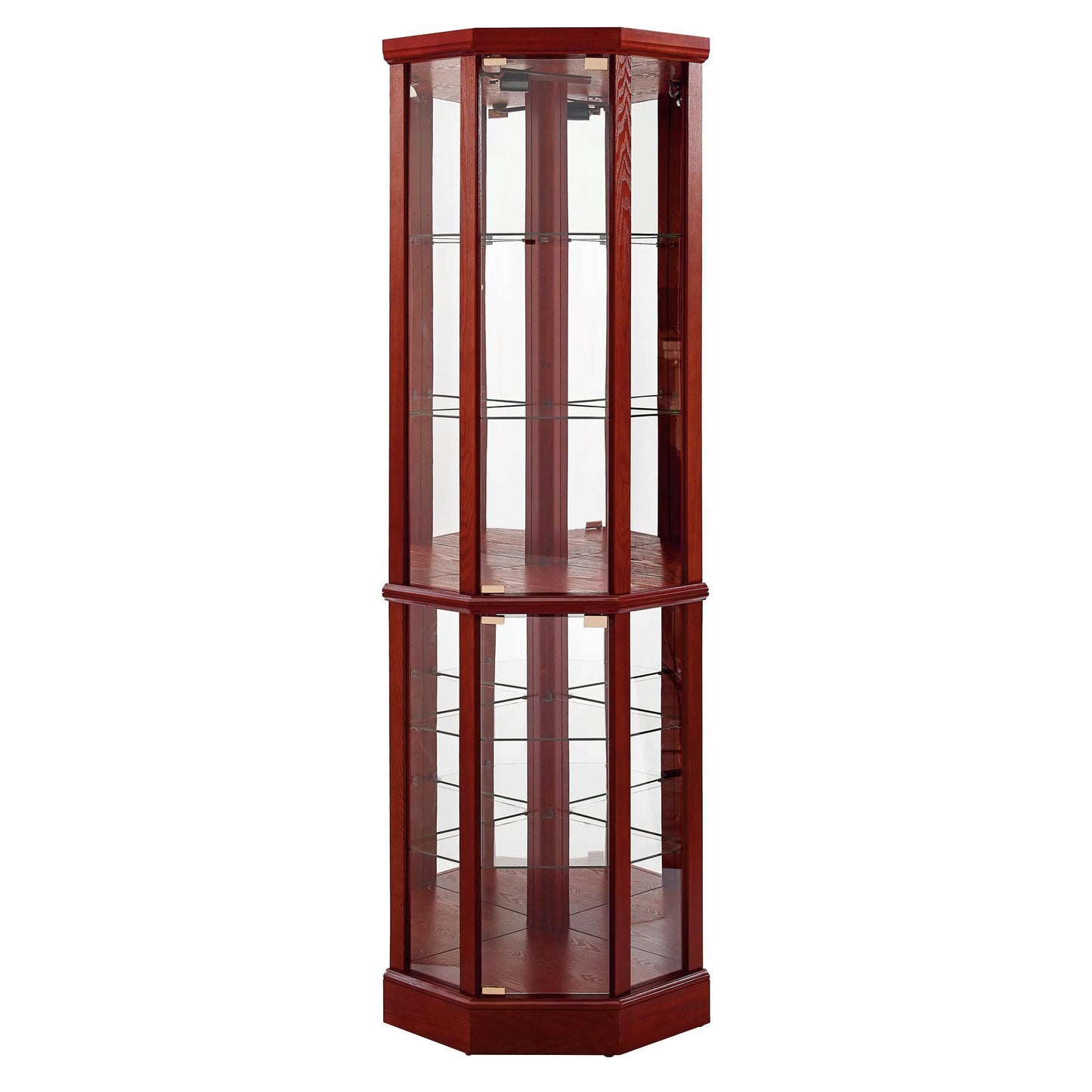 6 Shelf Lighted Corner Curio Cabinet With Adjustable Tempered Glass Shelves And Mirror Back (E26 Light Bulb Not Included) - Cherry