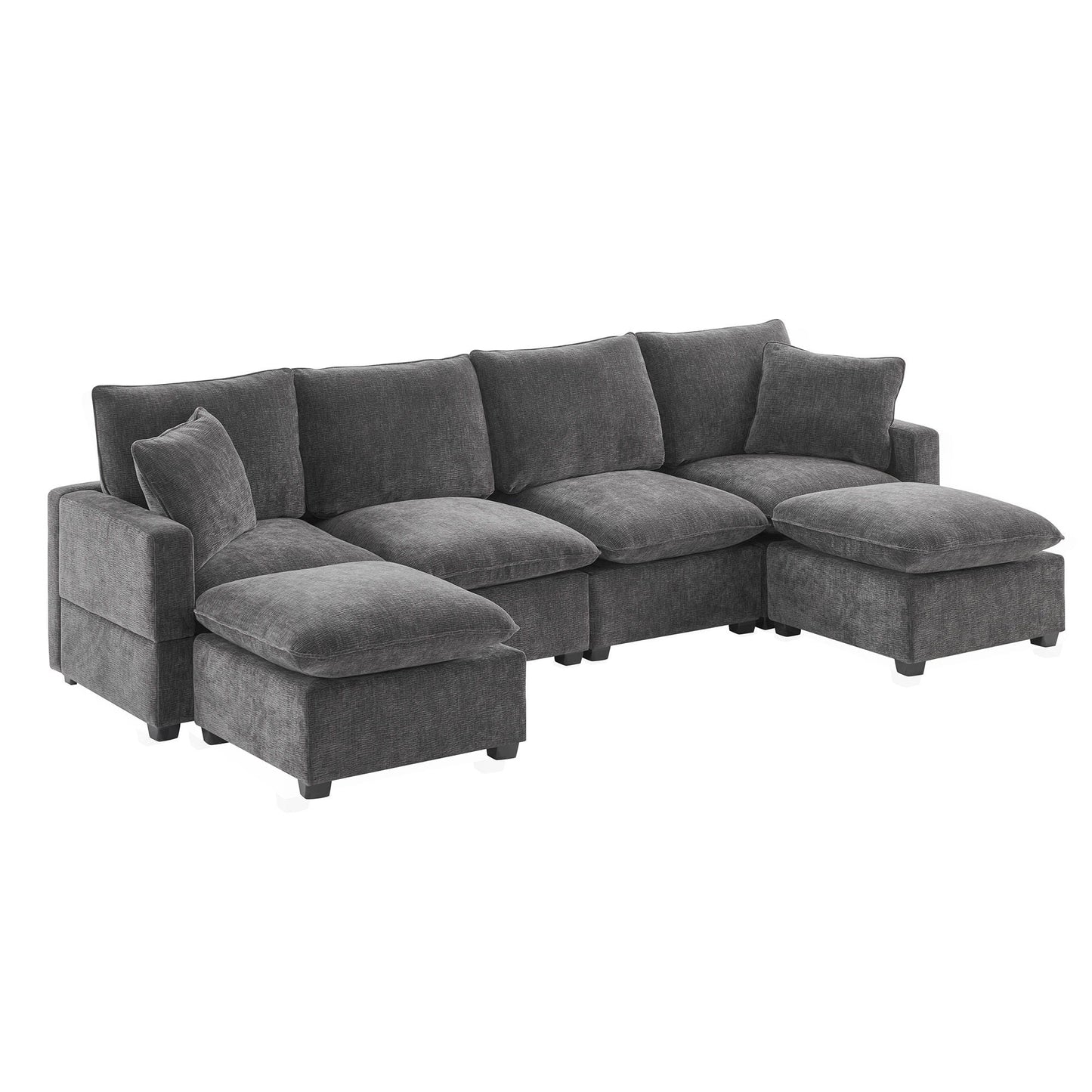 Modern U-Shape Modular Sofa, 6 Seat Chenille Sectional Couch Set With 2 Pillows Included, Freely Combinable Indoor Funiture - Black / Gray
