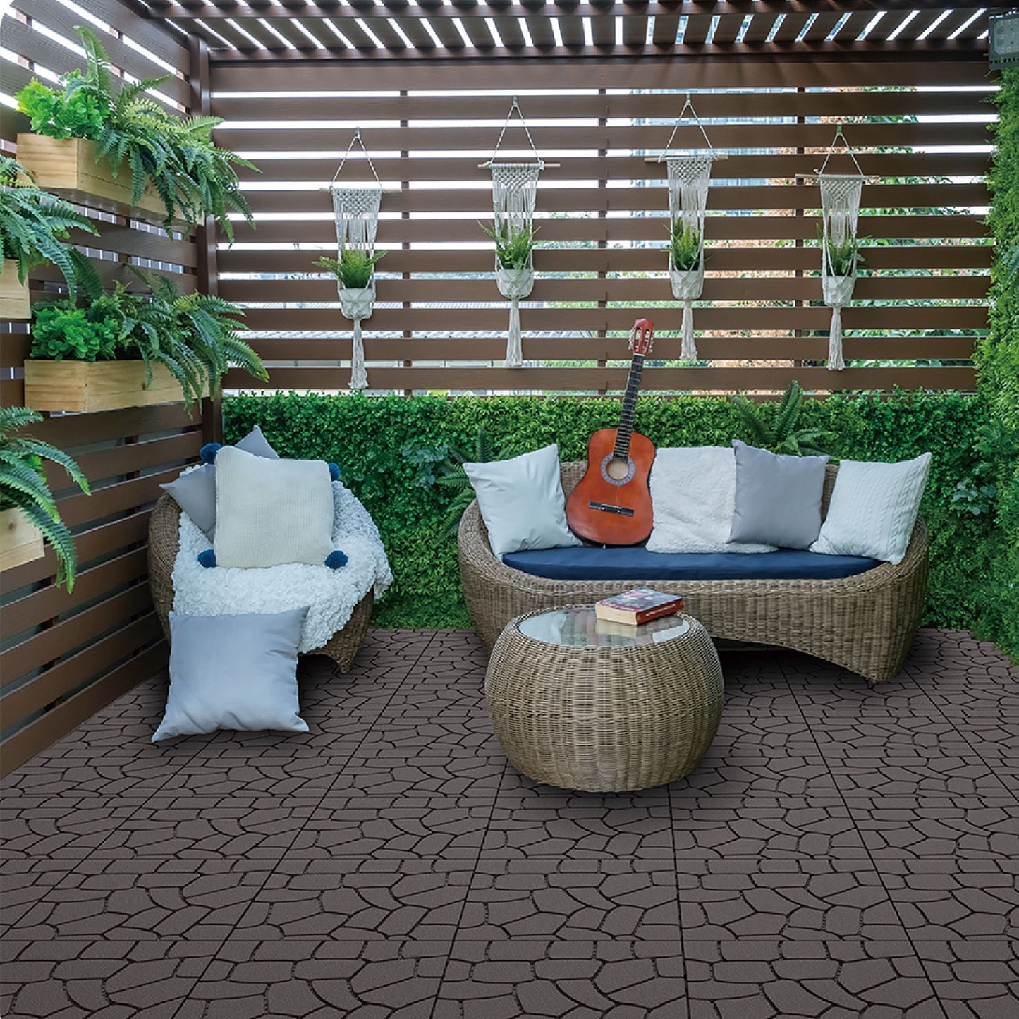 New Stone Texture Patio Deck Tiles, Diy Interlocking Floor Tiles, Easy Installation For Porch Poolside Balcony 12" - Dark Gray