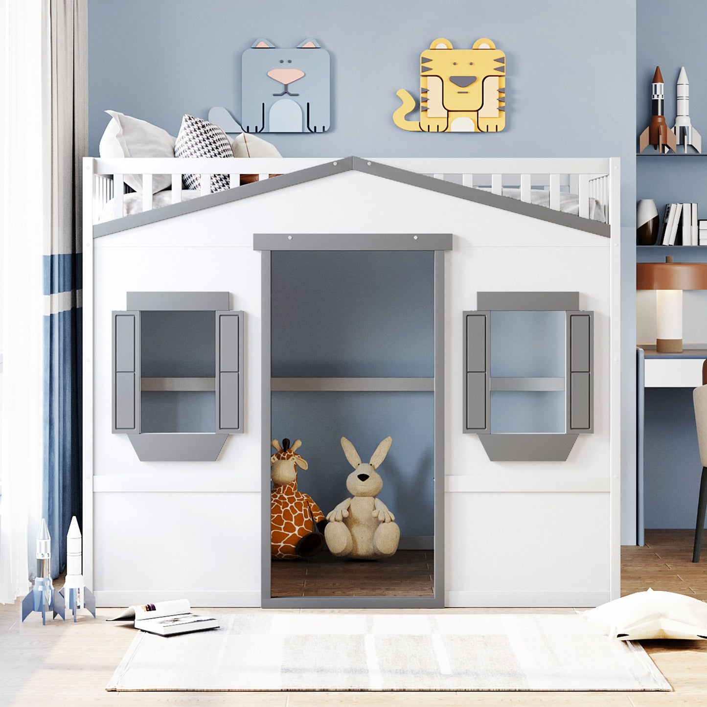 Full Size House Loft Bed With Ladder - White / Gray