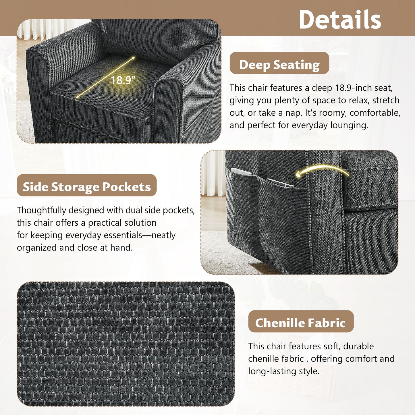 360 Degree Swivel Chair Accent Barrel Armchair With Side Pockets, Compact Design For Living Room, Bedroom, Office - Gray
