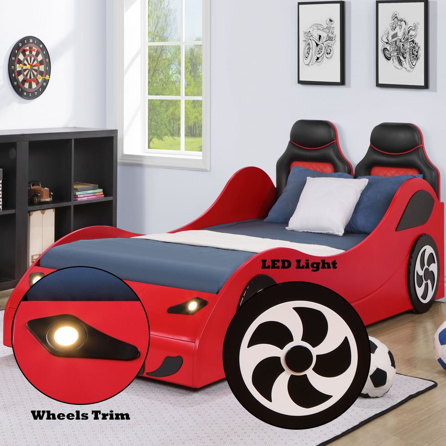 Colen - Twin Car Bed With LED - Red
