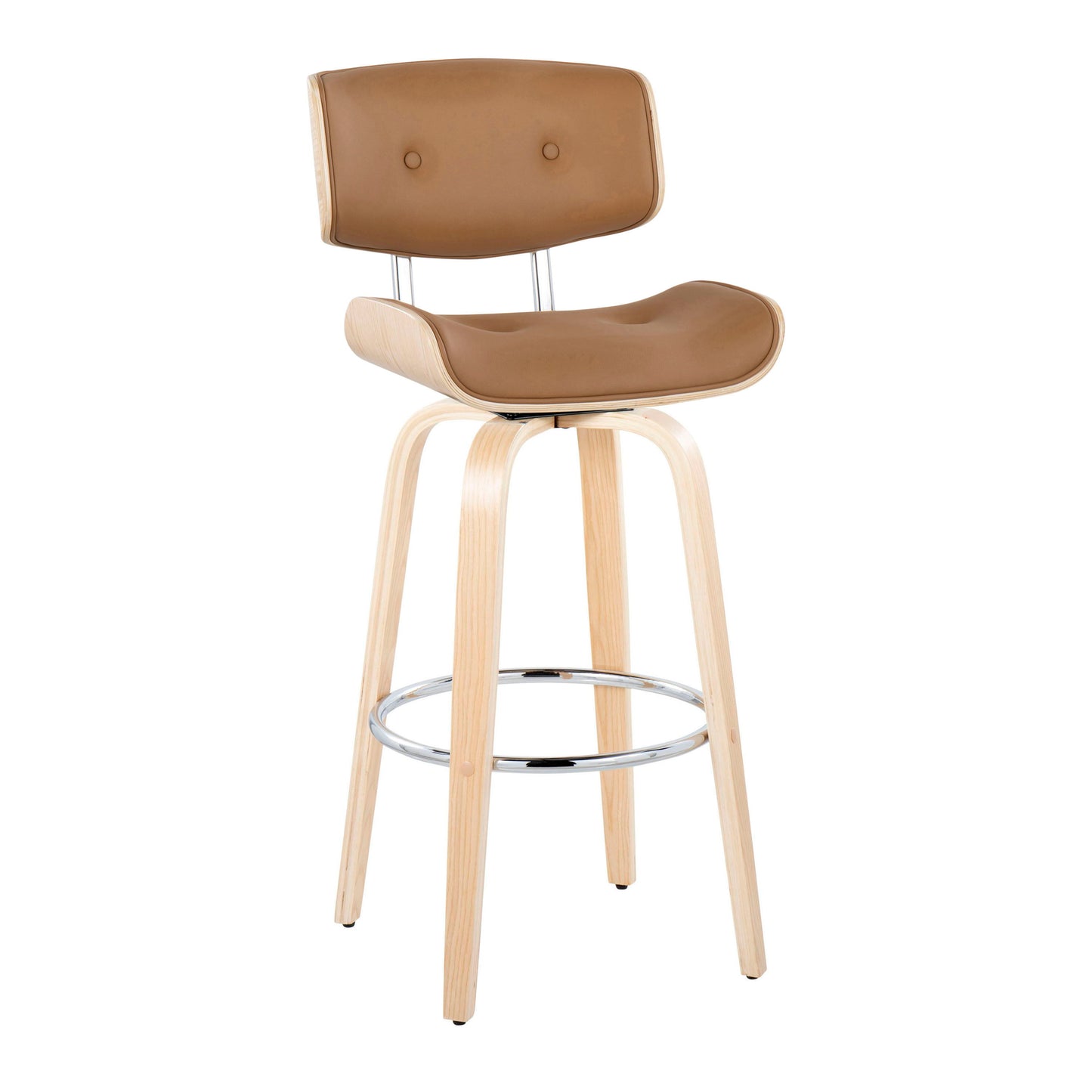 Lombardi - Mid-Century Modern Fixed Height Barstool With Swivel With Round Footrest (Set of 2) - Natural / Camel