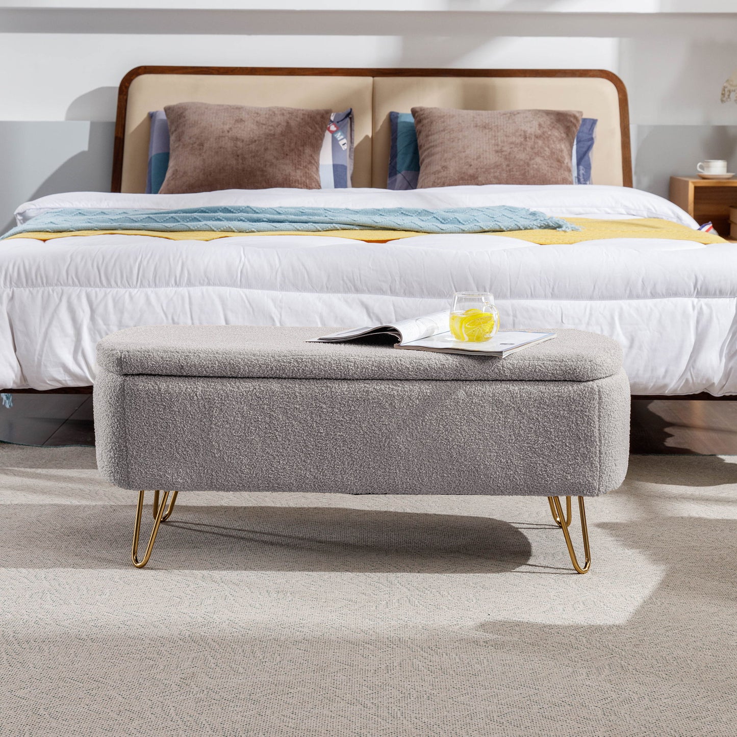Storage Ottoman Bench For End Of Bed Gold Legs, Modern Gray Faux Fur Entryway Bench Upholstered Padded With Storage For Living Room Bedroom - Gray