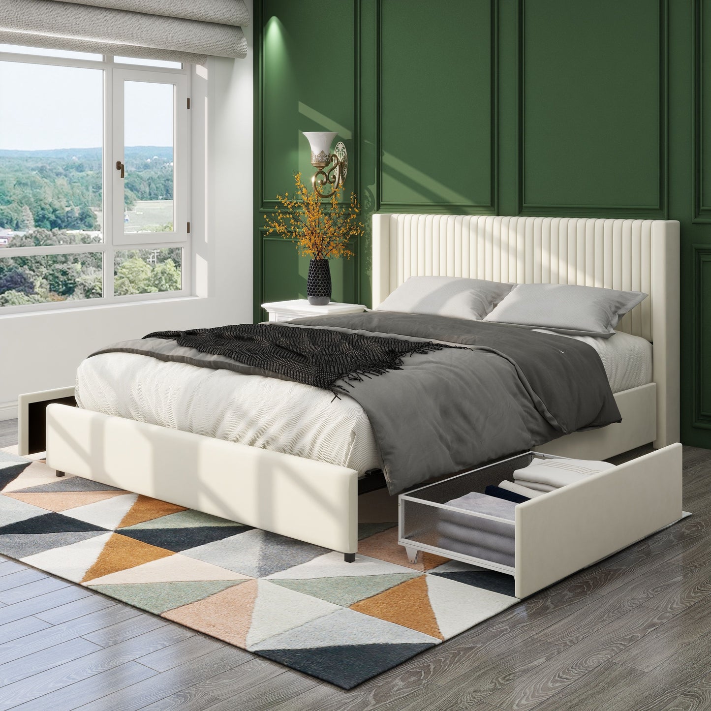 Anna - Queen Patented 2 Drawer Storage Bed, Upholstered Wingback - Ivory Velvet