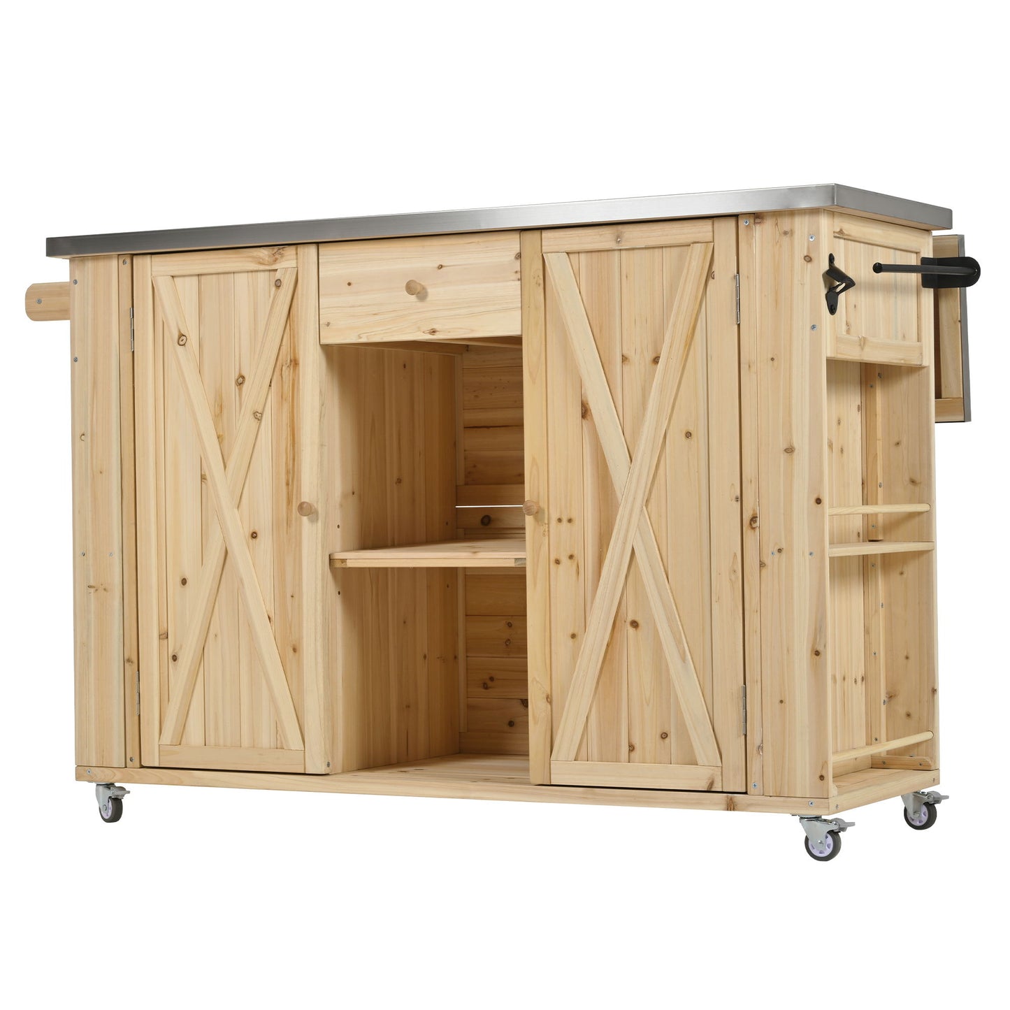 Outdoor Kitchen Island Fir Wood Kitchen Island With Stainless Steel Top, Ample Storage Space, Towel And Spice Racks And A Bottle Opener For Outdoor - Natural