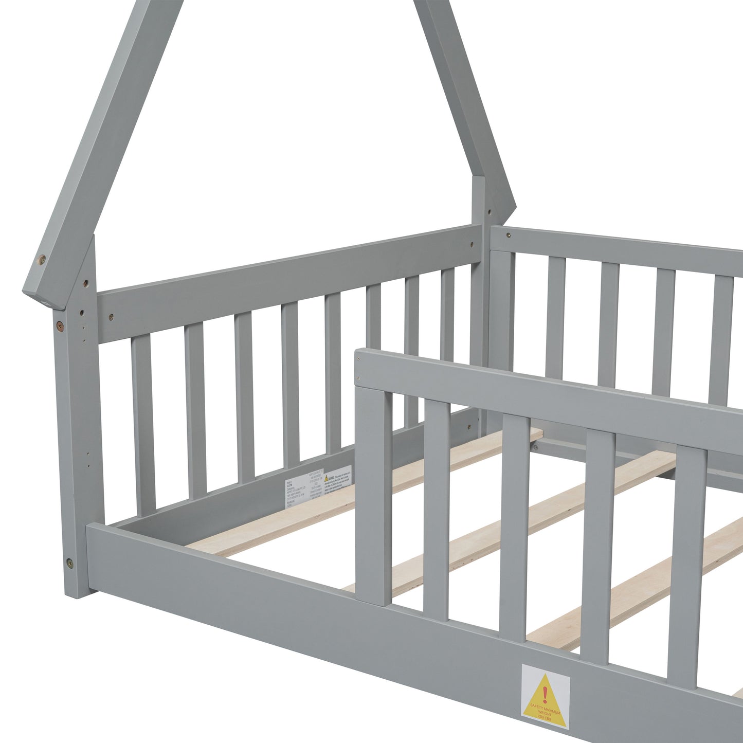 Twin Tent-Shaped Floor Bed, Teepee Bed With Guardrails, Slats - Gray