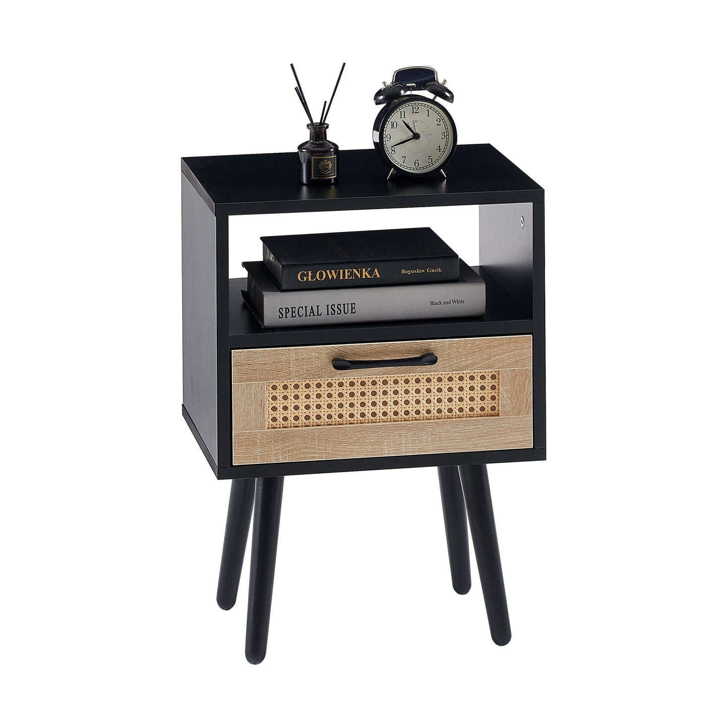 15.75" Rattan End Table With Drawer And Solid Wood Legs, Modern Nightstand, Side Table For Living Room, Bedroom - Black